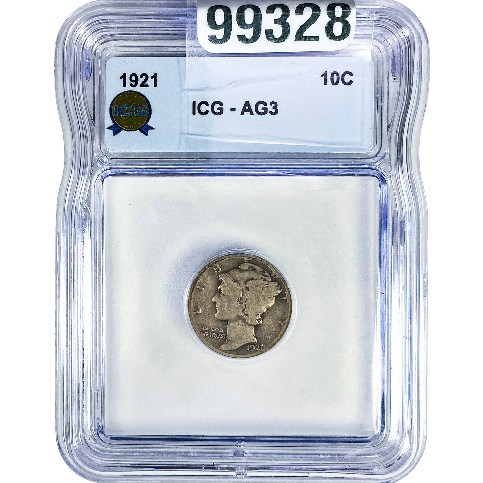 1921 Mercury Silver Dime ICG AG3: 1921 Mercury Silver Dime ICG AG3