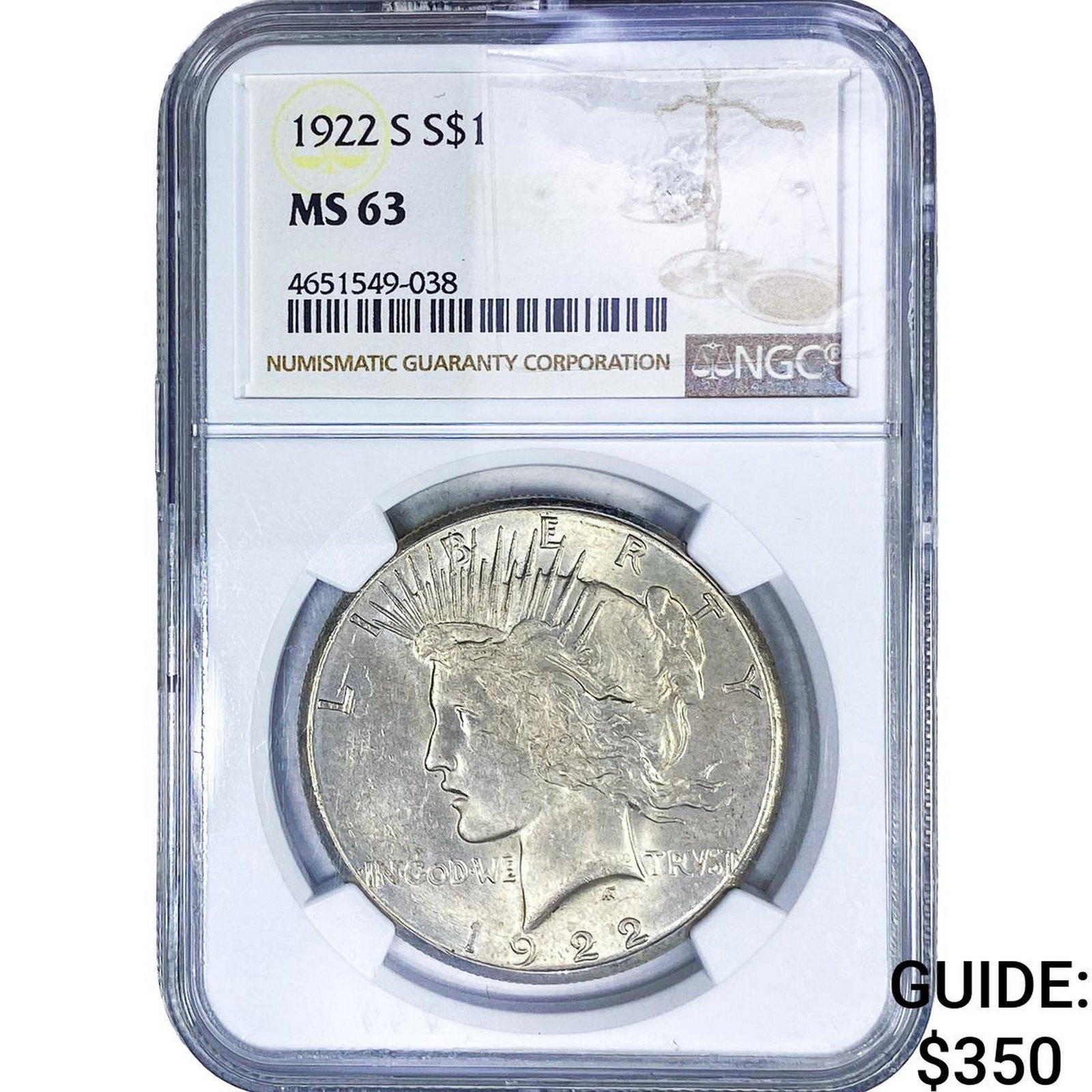 1922-S Silver Peace Dollar NGC MS63: 1922-S Silver Peace Dollar NGC MS63