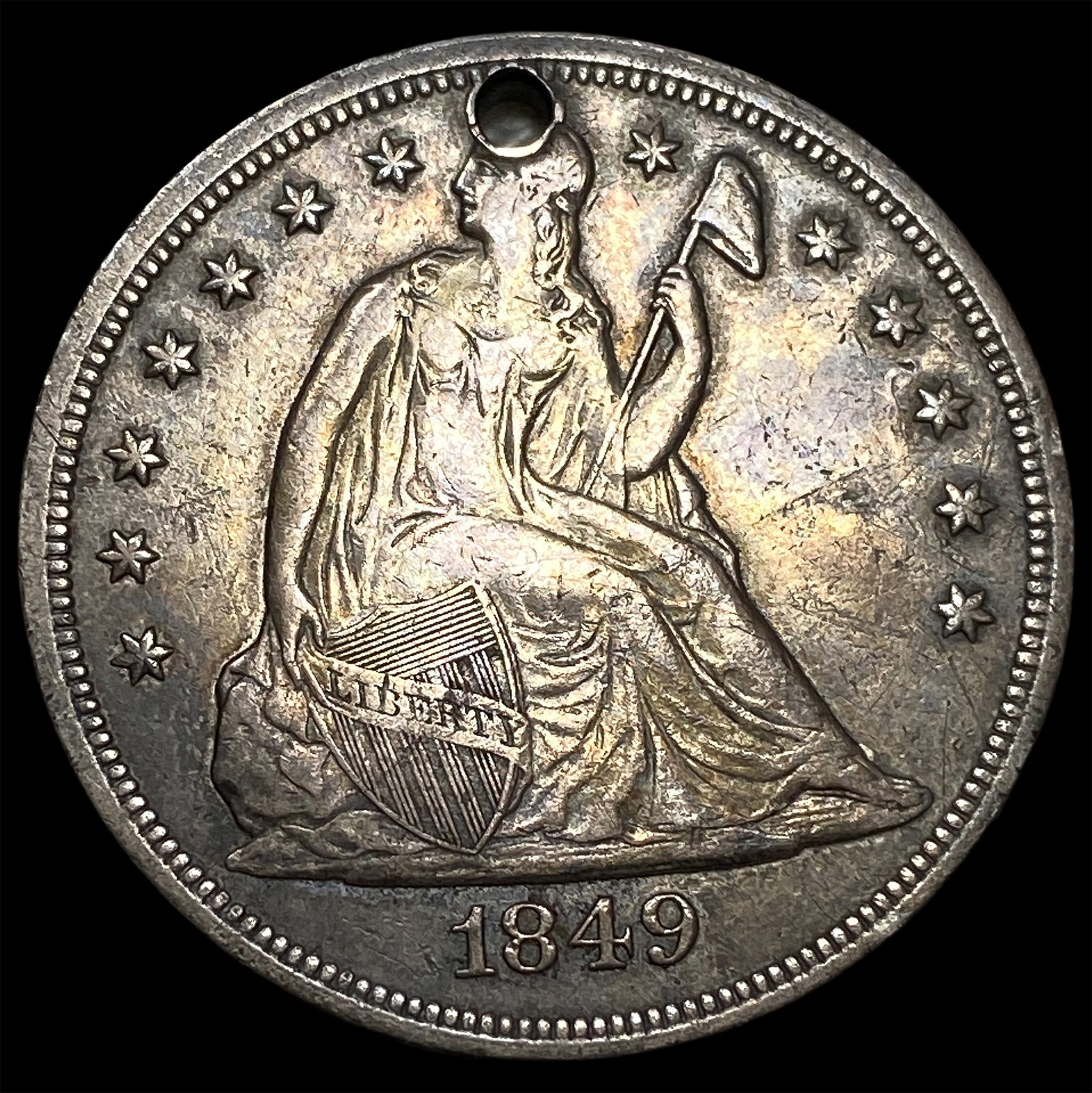 1849 Silver Seated Liberty Dollar (holed) HIGH GRADE: 1849 Silver Seated Liberty Dollar (holed) HIGH GRADE