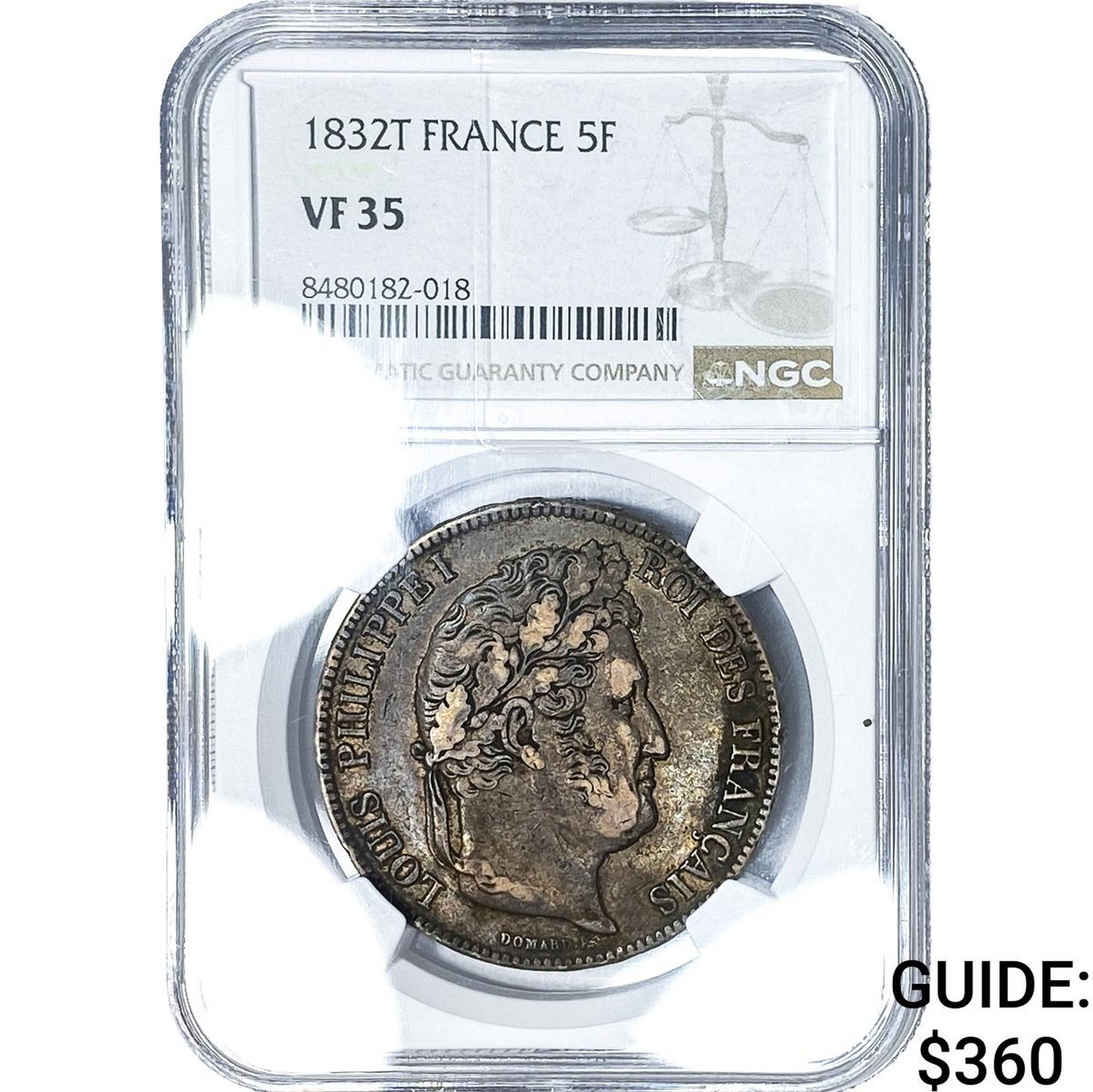 1832T France Silver 5 Francs NGC VF35: 1832T France Silver 5 Francs NGC VF35