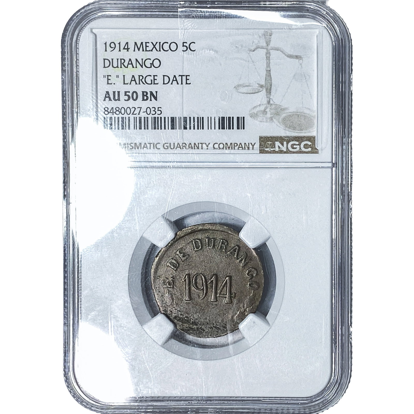 1914 Mexico Durango Copper 5 Centavos 'E.' LG Date AU50 BN (1 of 2)