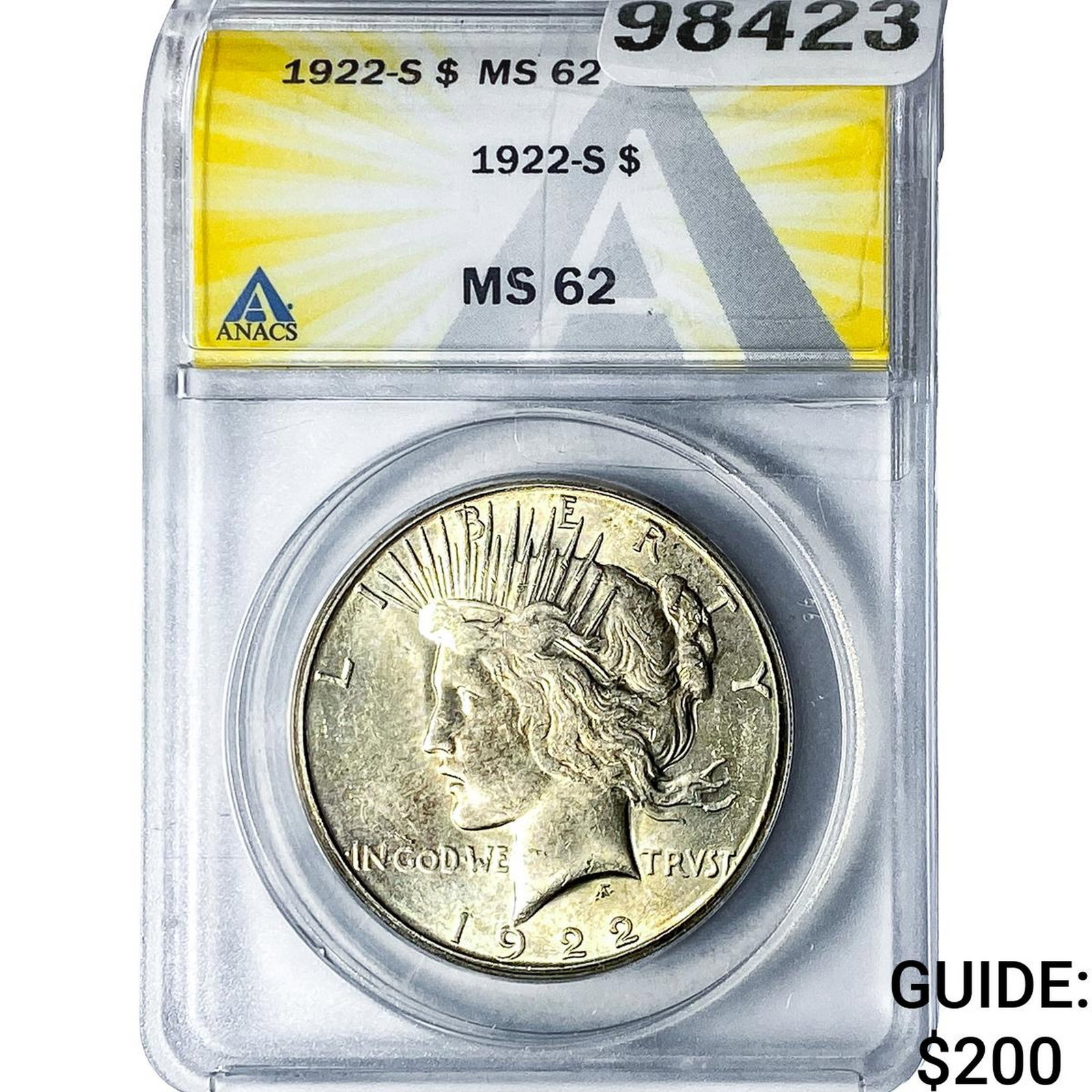 1922-S Silver Peace Dollar ANACS MS62: 1922-S Silver Peace Dollar ANACS MS62