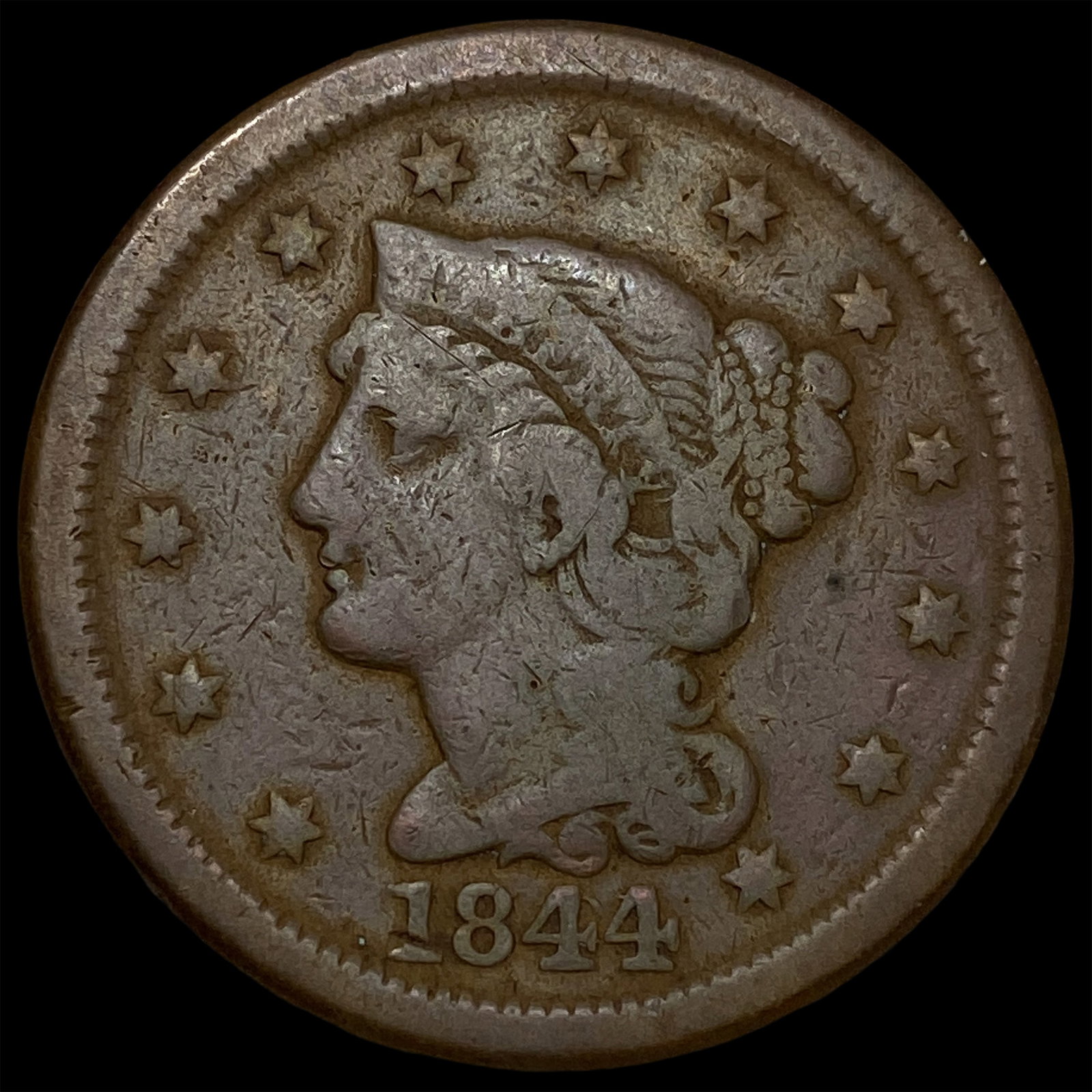 1844 Braided Hair Large Cent LIGHTLY CIRCULATED: 1844 Braided Hair Large Cent LIGHTLY CIRCULATED
