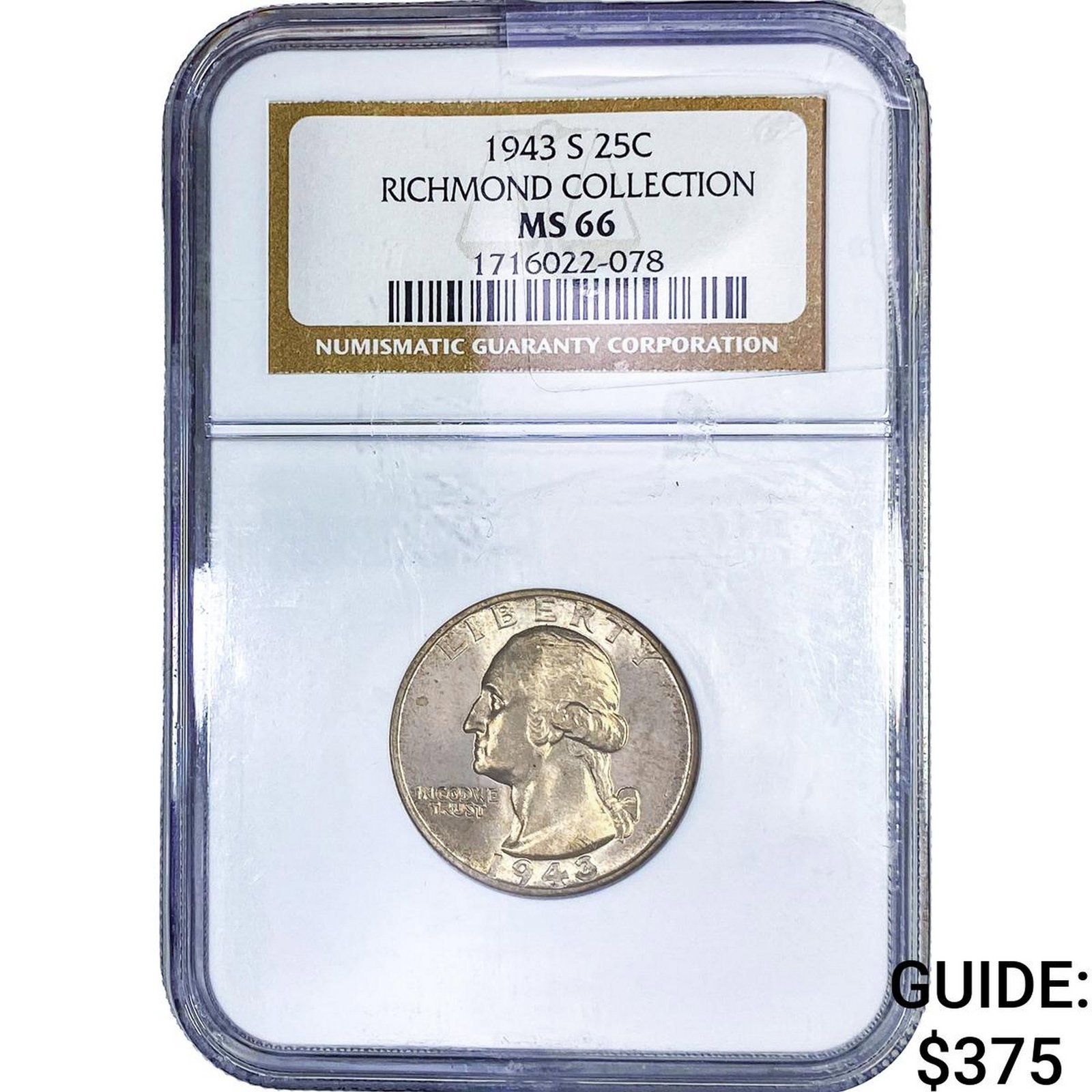 1943-S Washington Silver Quarter NGC MS66 Richmond Collection: 1943-S Washington Silver Quarter NGC MS66 Richmond Collection
