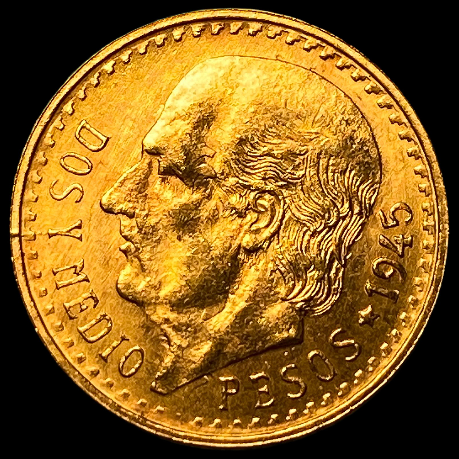 1945 Mexico Gold 2 1/2 Pesos GEM BU: 1945 Mexico Gold 2 1/2 Pesos GEM BU