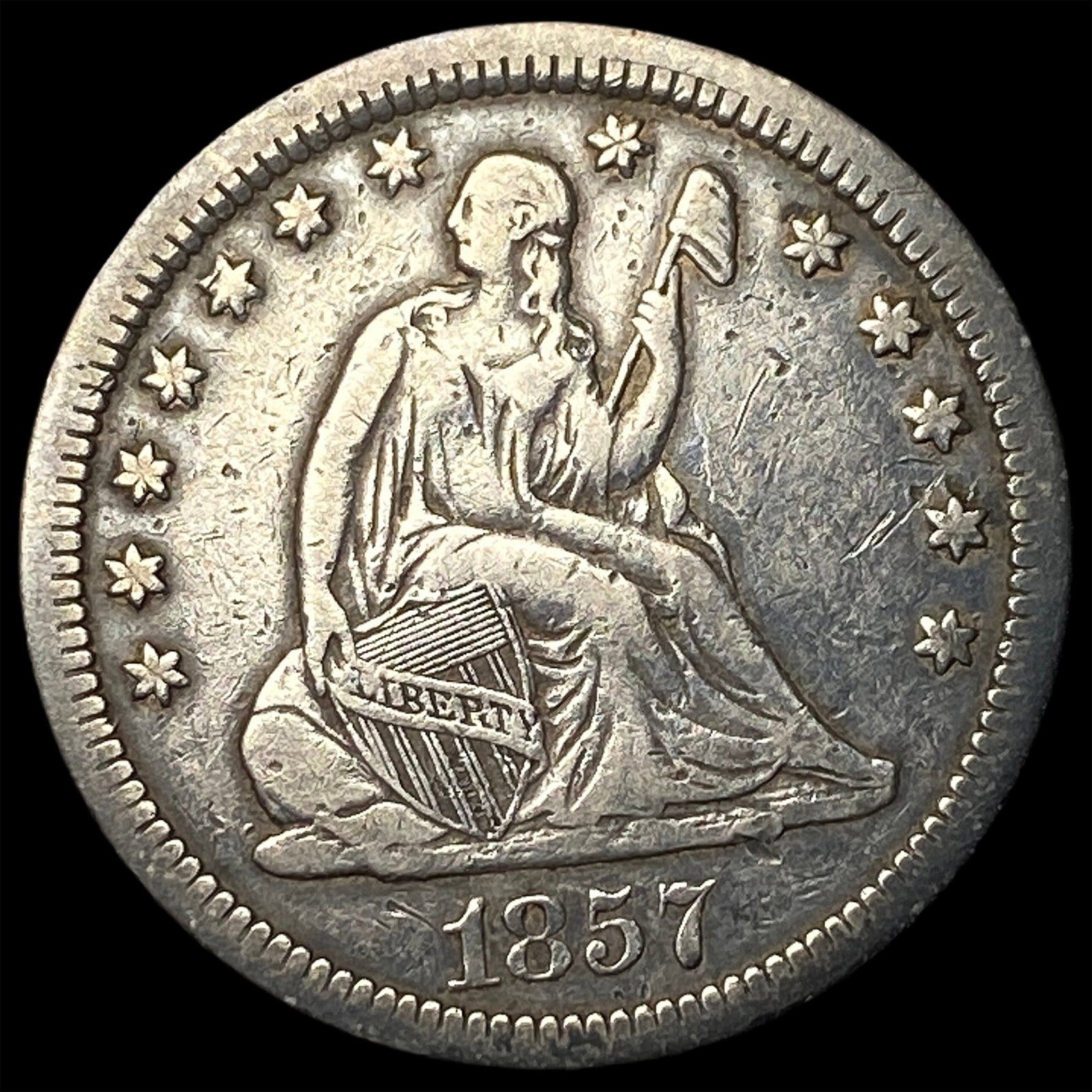 1857 Seated Liberty Silver Quarter NEARLY UNCIRCULATED: 1857 Seated Liberty Silver Quarter NEARLY UNCIRCULATED