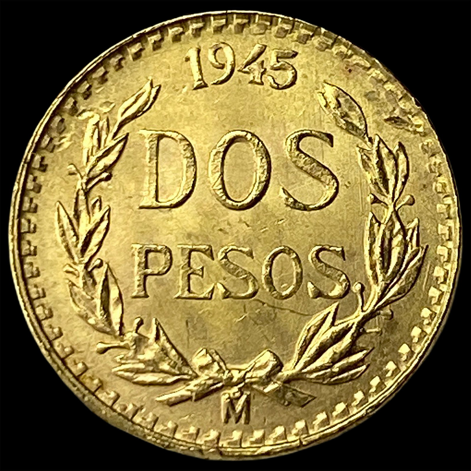 1945 Mexico Gold 2 Pesos GEM BU: 1945 Mexico Gold 2 Pesos GEM BU