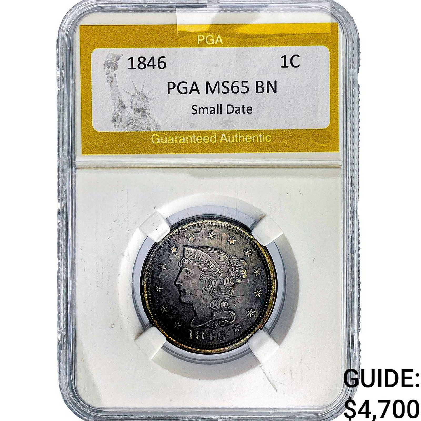 1846 Braided Hair Large Cent PGA MS65 BN Sm Date: 1846 Braided Hair Large Cent PGA MS65 BN Sm Date