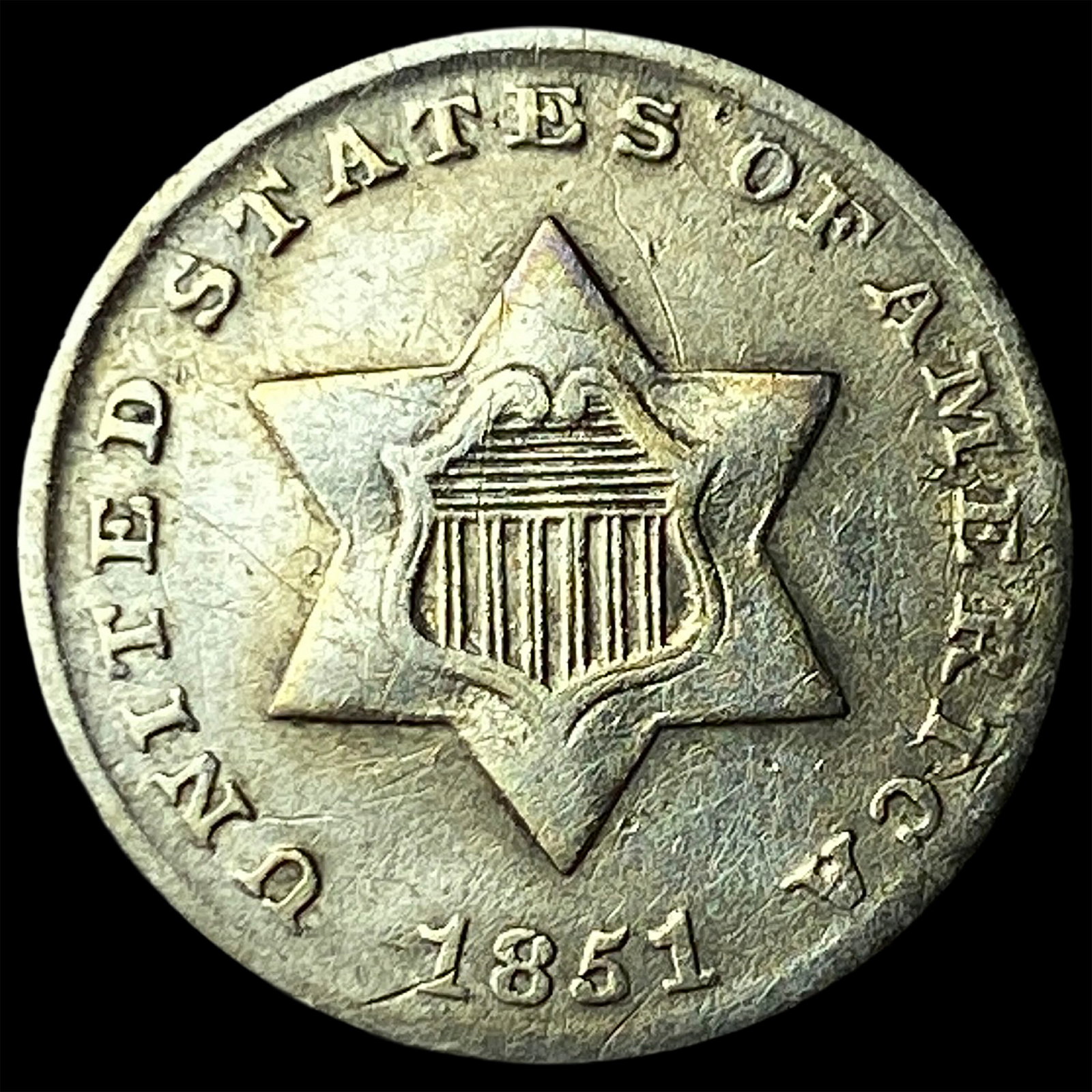 1851 Silver Three-Cent Piece CLOSELY UNCIRCULATED: 1851 Silver Three-Cent Piece CLOSELY UNCIRCULATED