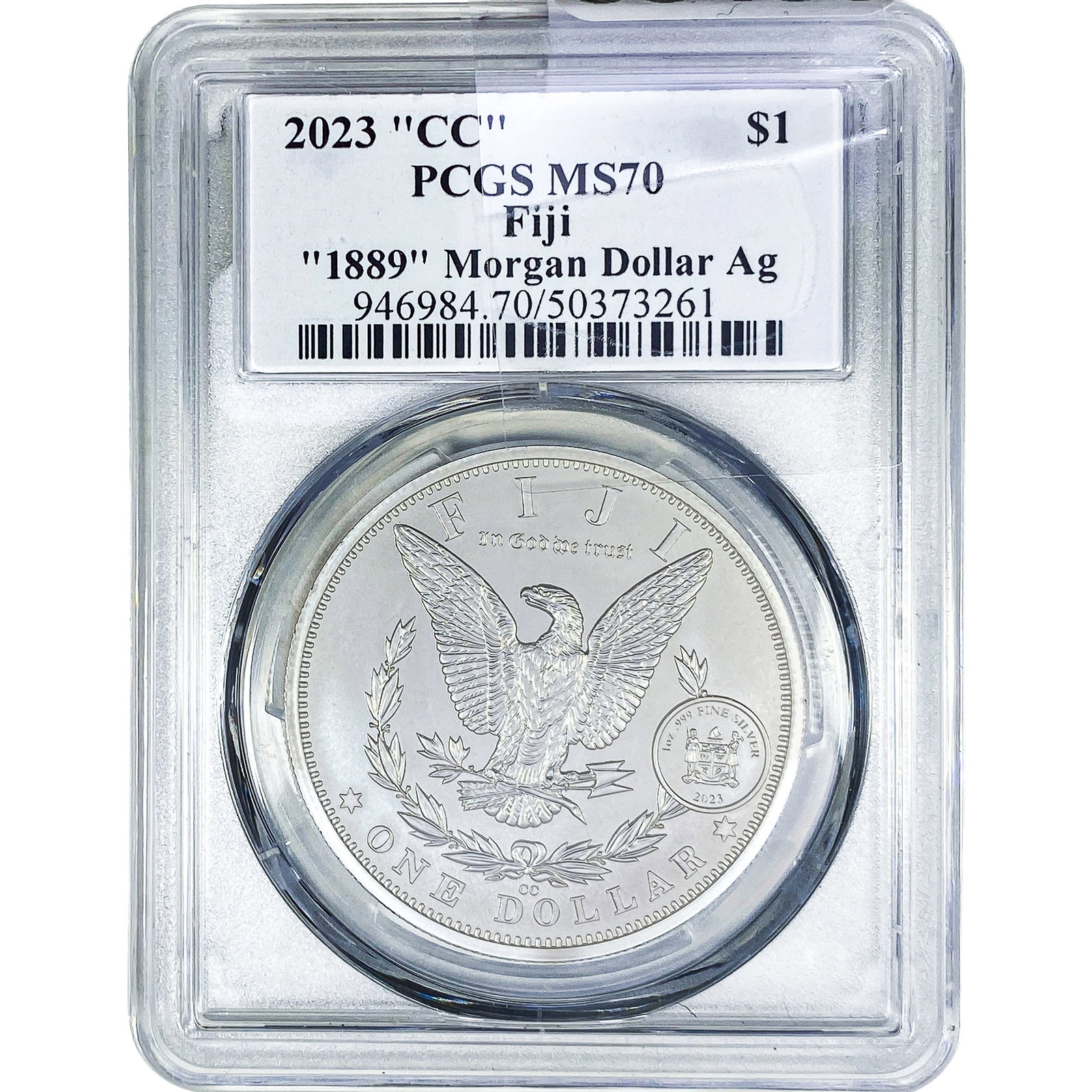 2023-CC $1 Fiji "1889" Morgan Ag PCGS MS70: 2023-CC $1 Fiji "1889" Morgan Ag PCGS MS70
