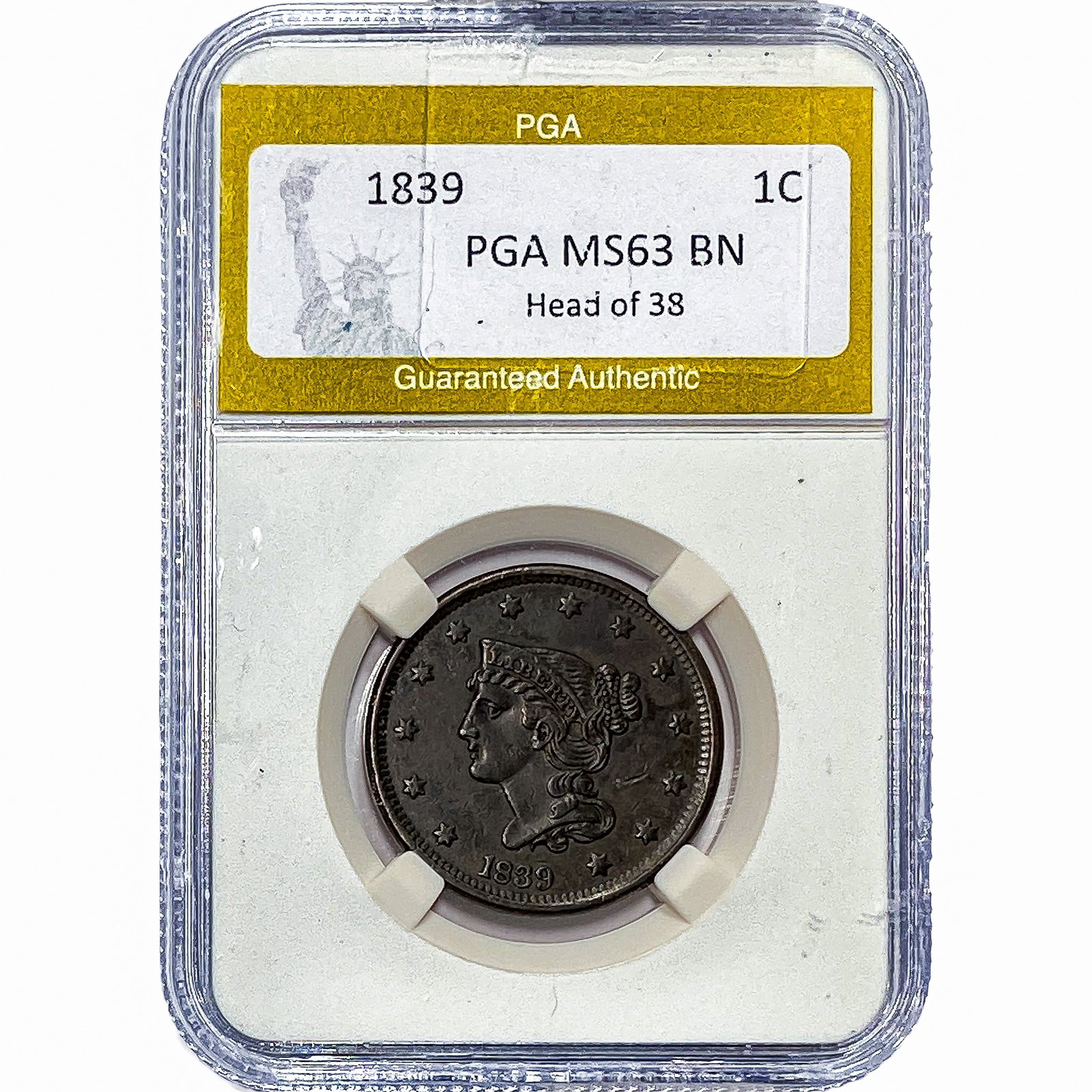 1839 Coronet Head Large Cent PGA MS63BN Head of 38: 1839 Coronet Head Large Cent PGA MS63BN Head of 38