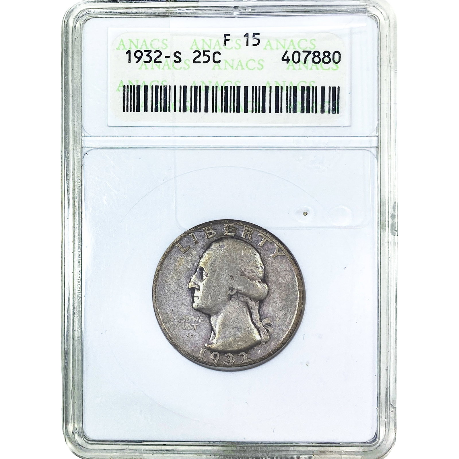 1932-S Washington Silver Quarter ANACS F15: 1932-S Washington Silver Quarter ANACS F15