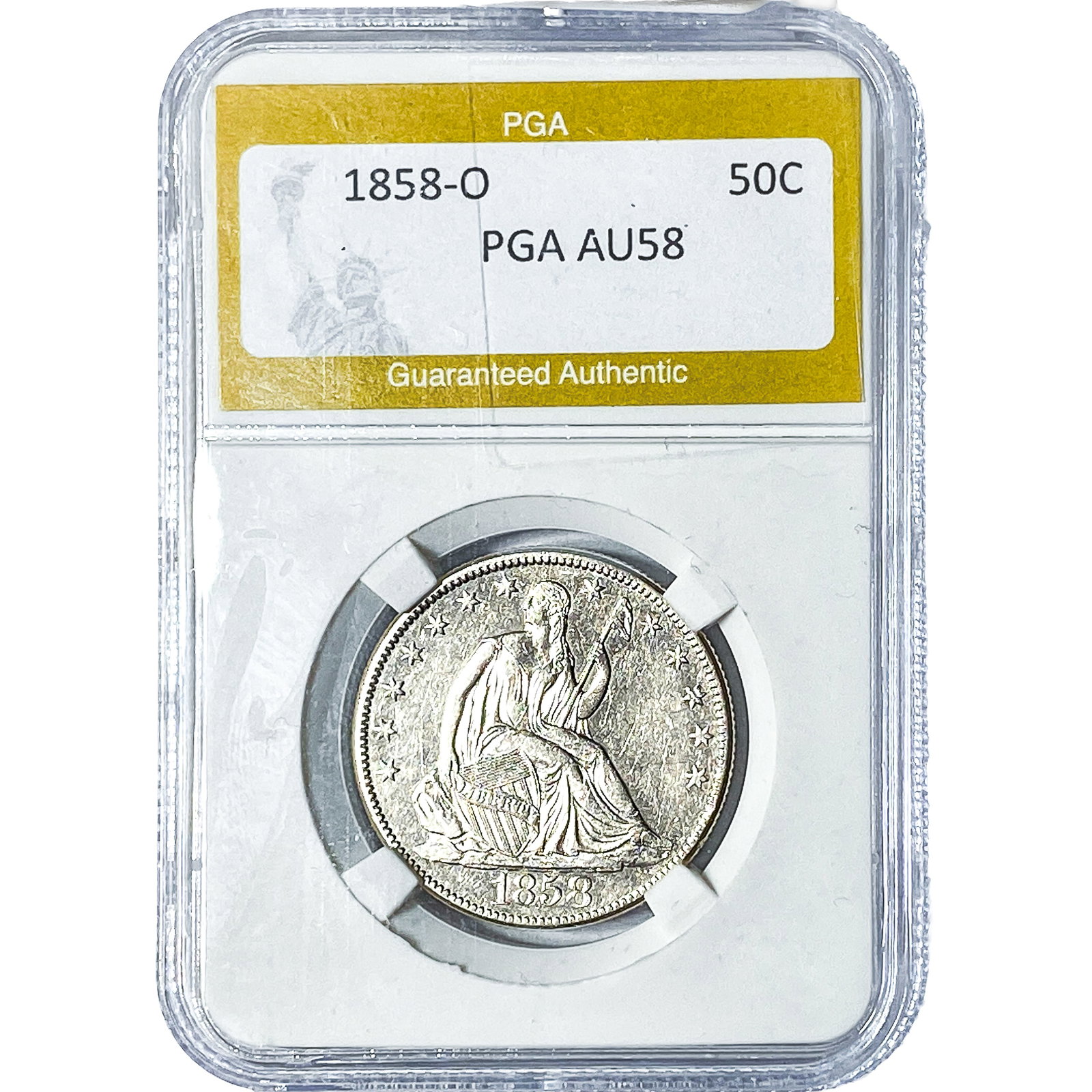 1858-O Seated Liberty Half Dollar PGA AU58: 1858-O Seated Liberty Half Dollar PGA AU58