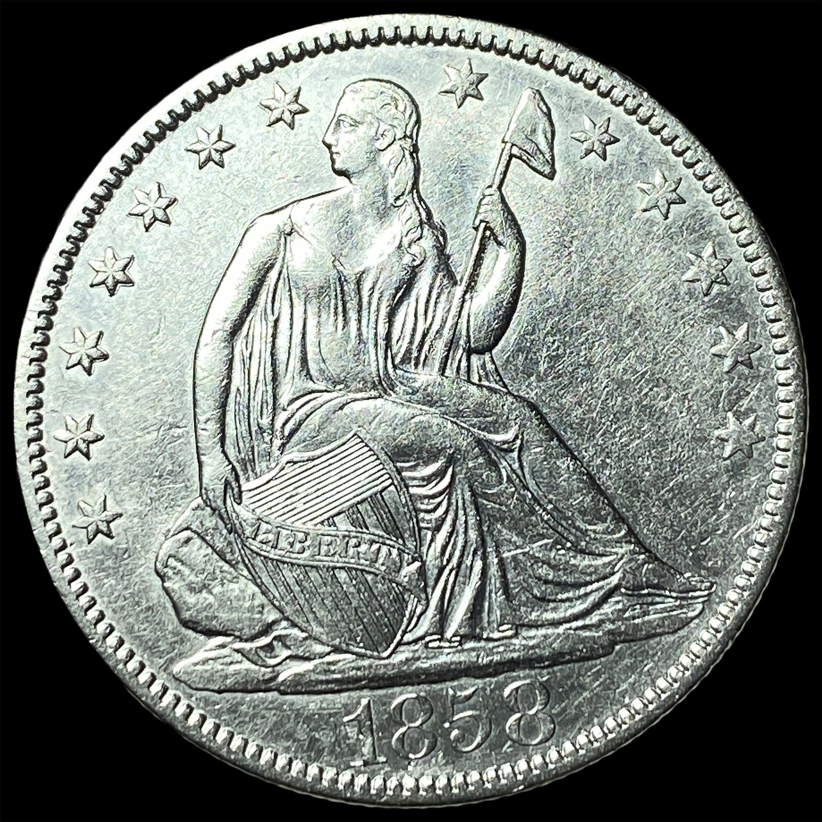1858-O Silver Seated Liberty Half Dollar CLOSELY UNCIRCULATED: 1858-O Silver Seated Liberty Half Dollar CLOSELY UNCIRCULATED