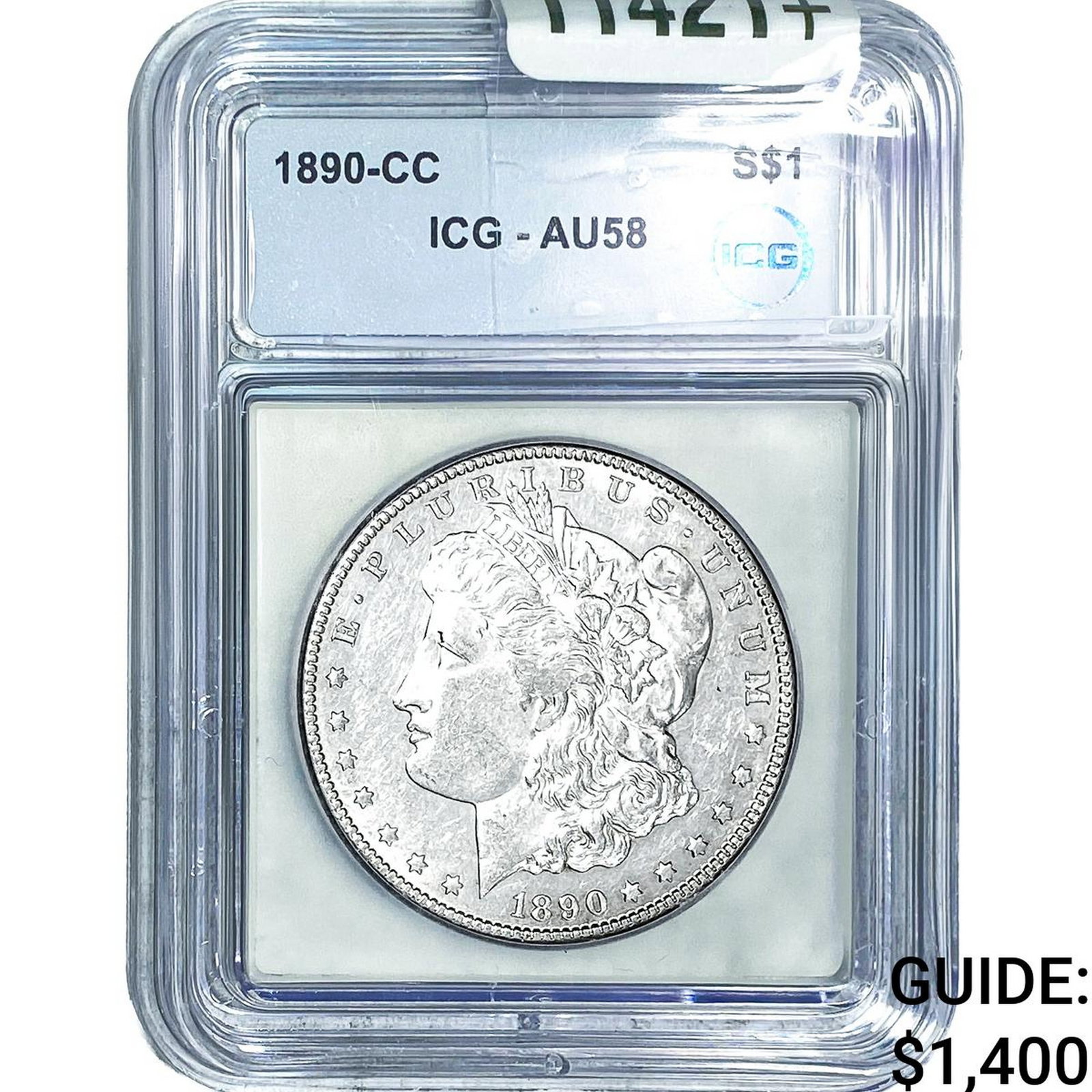 1890-CC Morgan Silver Dollar ICG AU58: 1890-CC Morgan Silver Dollar ICG AU58