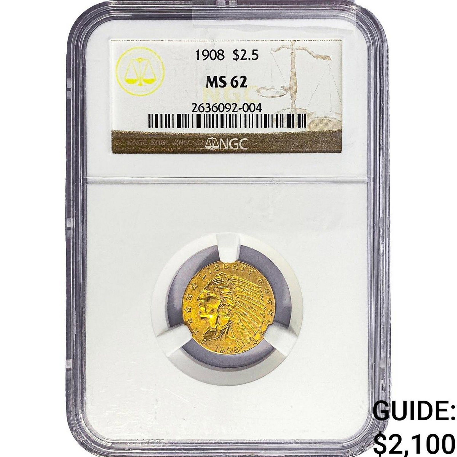 1908 $2.50 Gold Quarter Eagle NGC MS62: 1908 $2.50 Gold Quarter Eagle NGC MS62