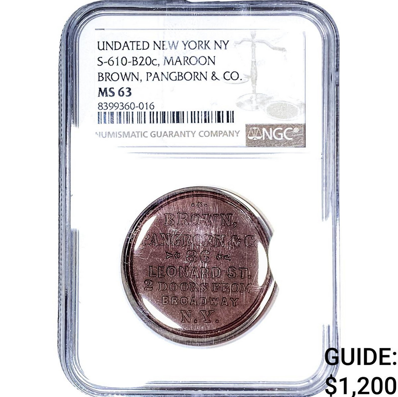 New York NY Maroon Brown, Pangborn&Co. Token NGC MS63: New York NY Maroon Brown, Pangborn&Co. Token NGC MS63