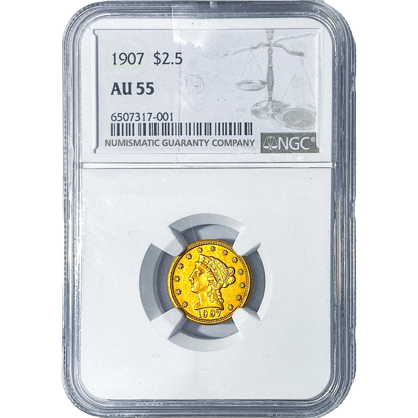 1907 $2.50 Gold Quarter Eagle NGC AU55: 1907 $2.50 Gold Quarter Eagle NGC AU55