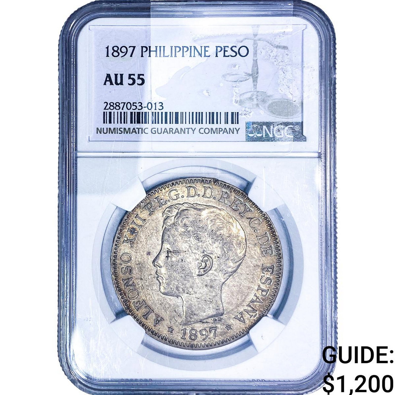 1897 Philippines Silver 1 Peso NGC AU55: 1897 Philippines Silver 1 Peso NGC AU55