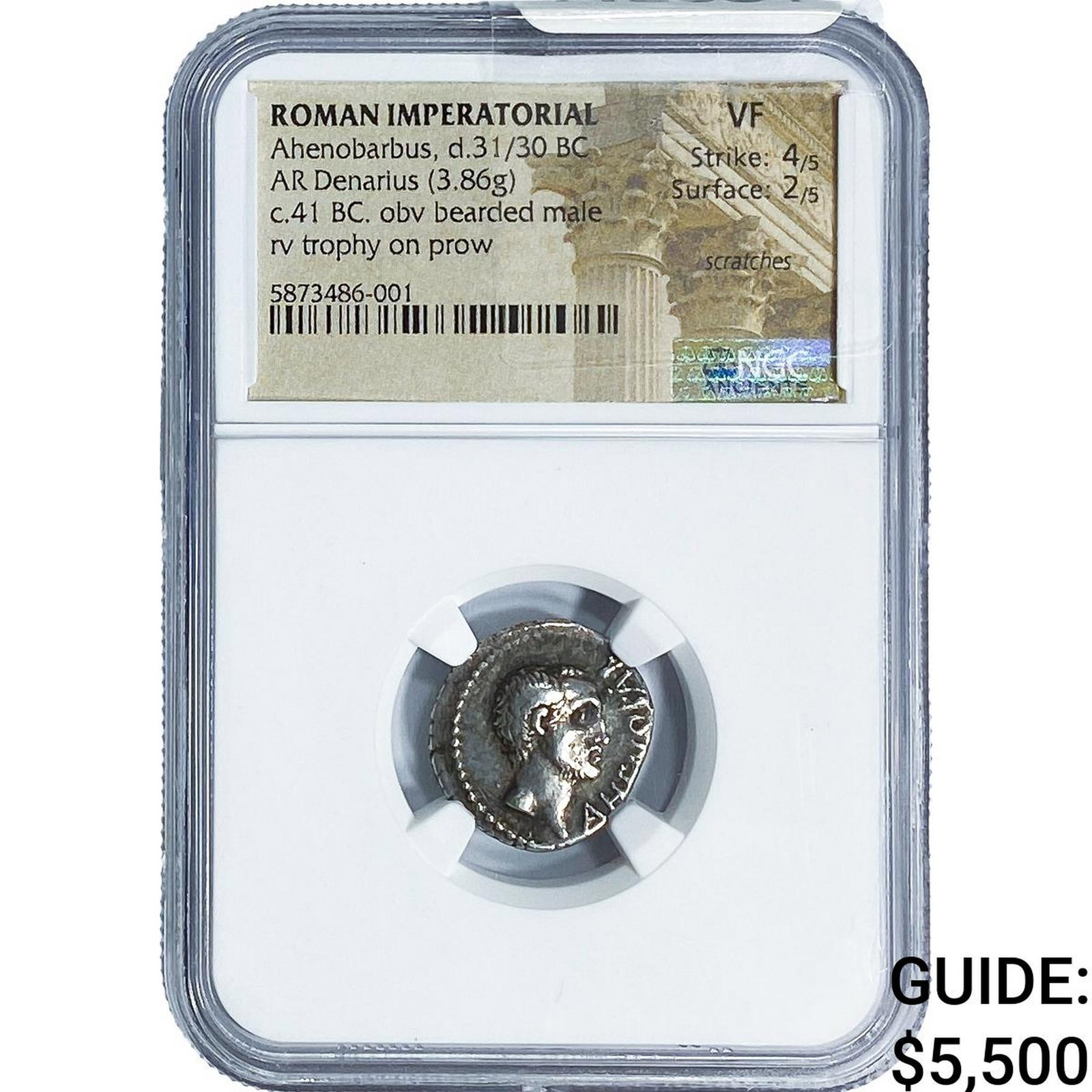 Roman Ahenobarbus, 31/30 BC Silver Denarius NGC: Roman Ahenobarbus, 31/30 BC Silver Denarius NGC