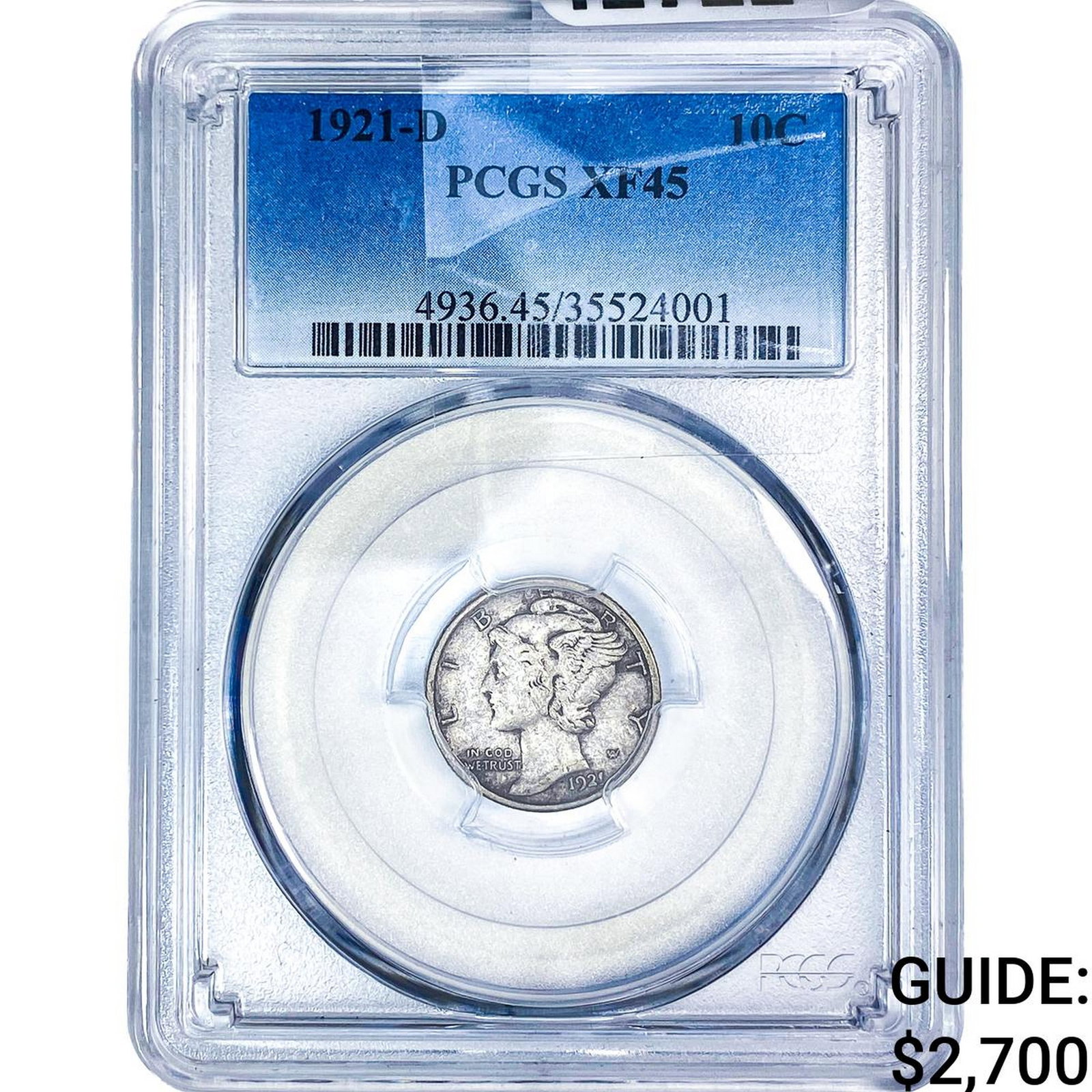 1921-D Mercury Silver Dime PCGS XF45: 1921-D Mercury Silver Dime PCGS XF45