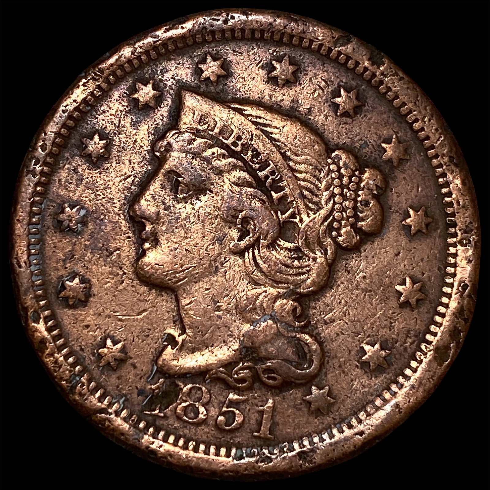 1851 Braided Hair Large Cent NEARLY UNCIRCULATED: 1851 Braided Hair Large Cent NEARLY UNCIRCULATED