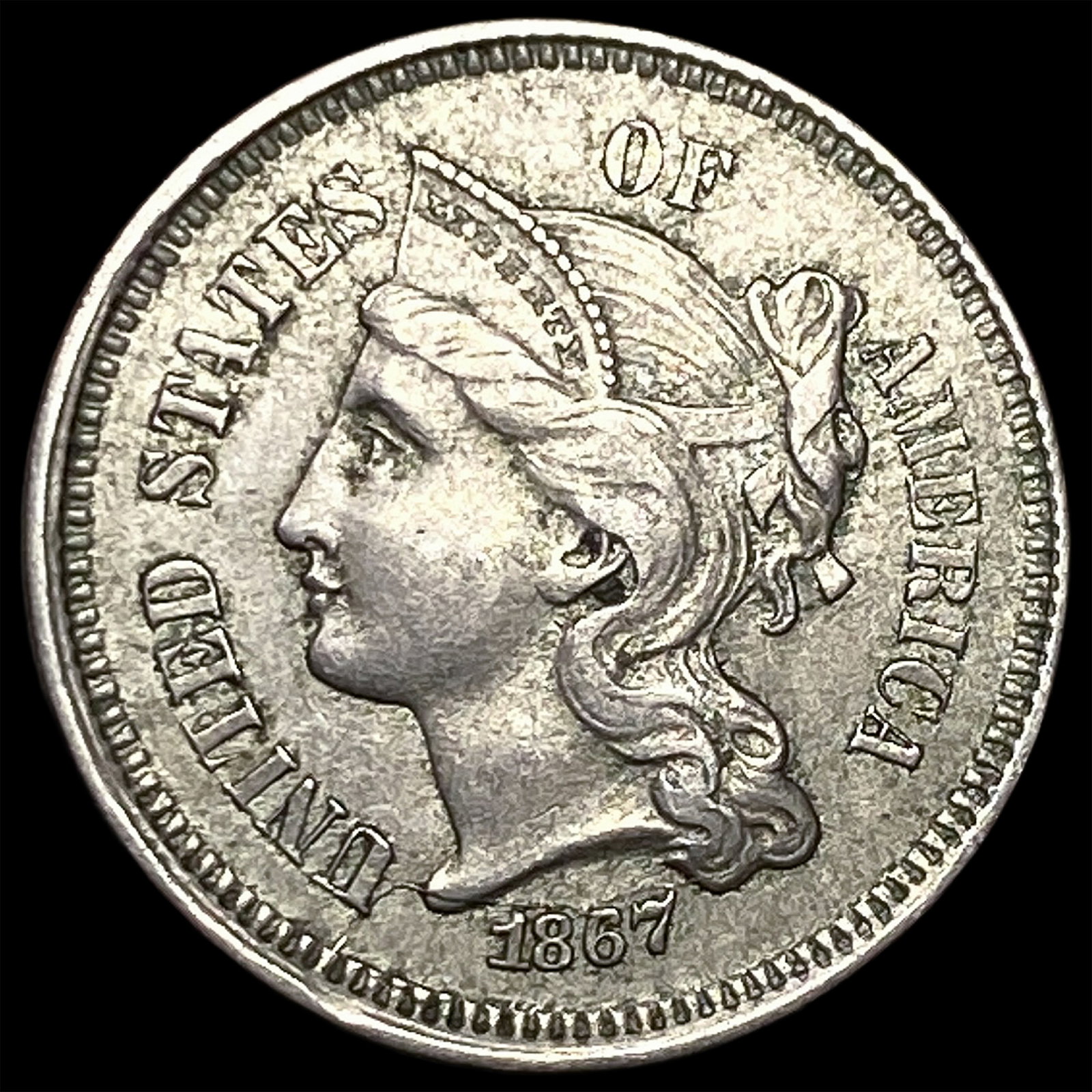 1867 Nickel Three-Cent Piece CLOSELY UNCIRCULATED: 1867 Nickel Three-Cent Piece CLOSELY UNCIRCULATED