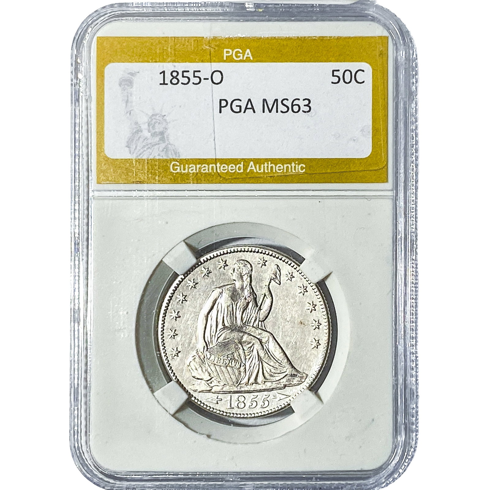 1855-O Seated Liberty Half Dollar PGA MS63: 1855-O Seated Liberty Half Dollar PGA MS63