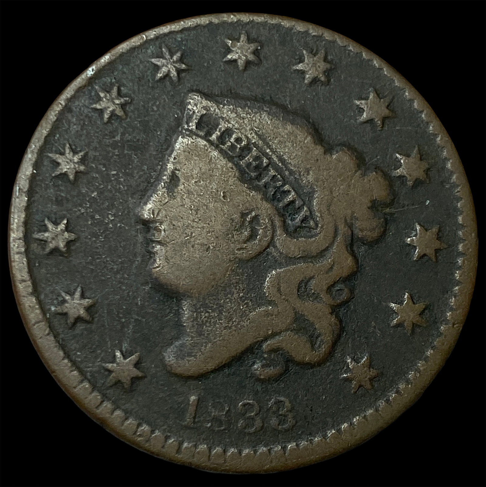 1833 Coronet Head Large Cent NICELY CIRCULATED: 1833 Coronet Head Large Cent NICELY CIRCULATED