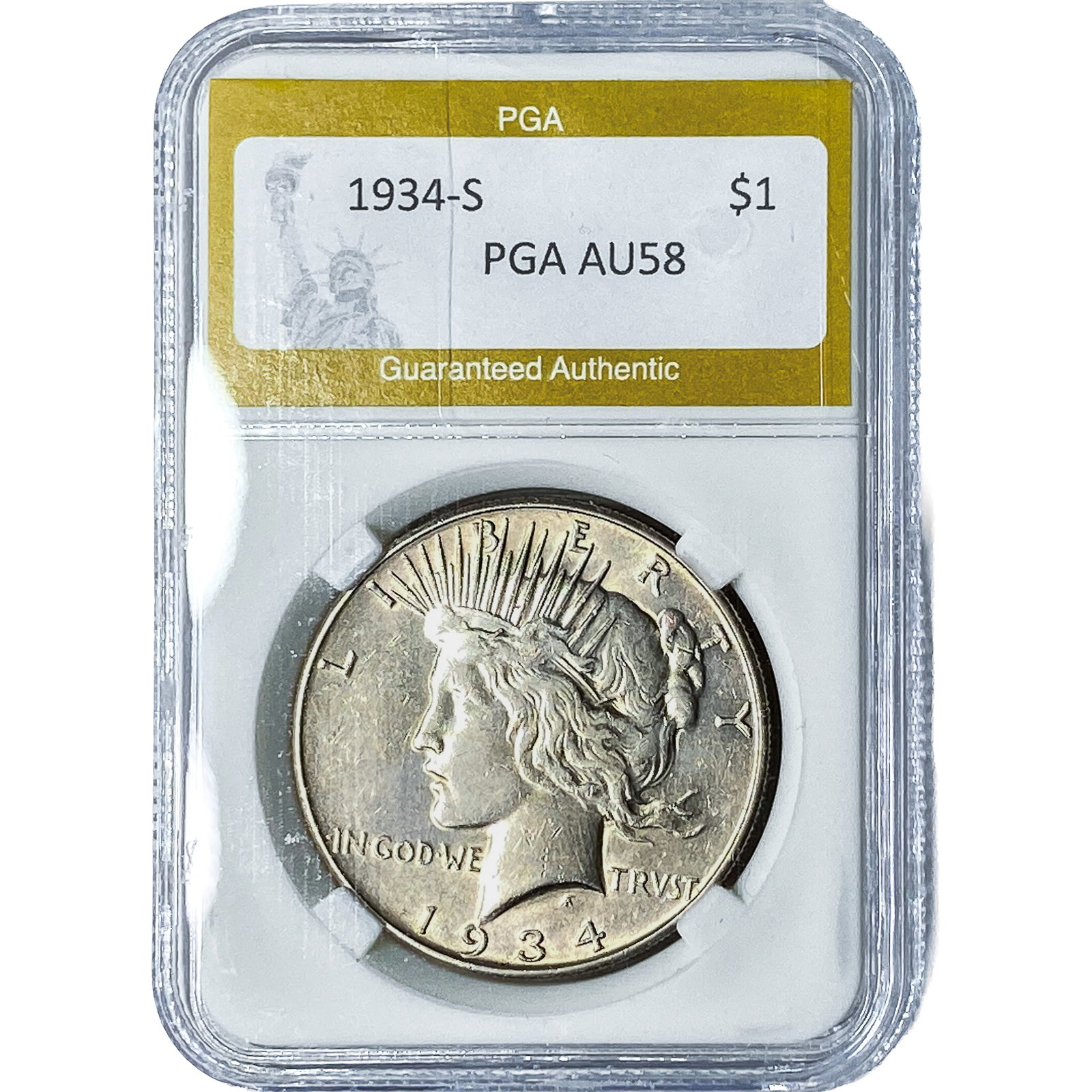 1934-S Silver Peace Dollar PGA AU58: 1934-S Silver Peace Dollar PGA AU58