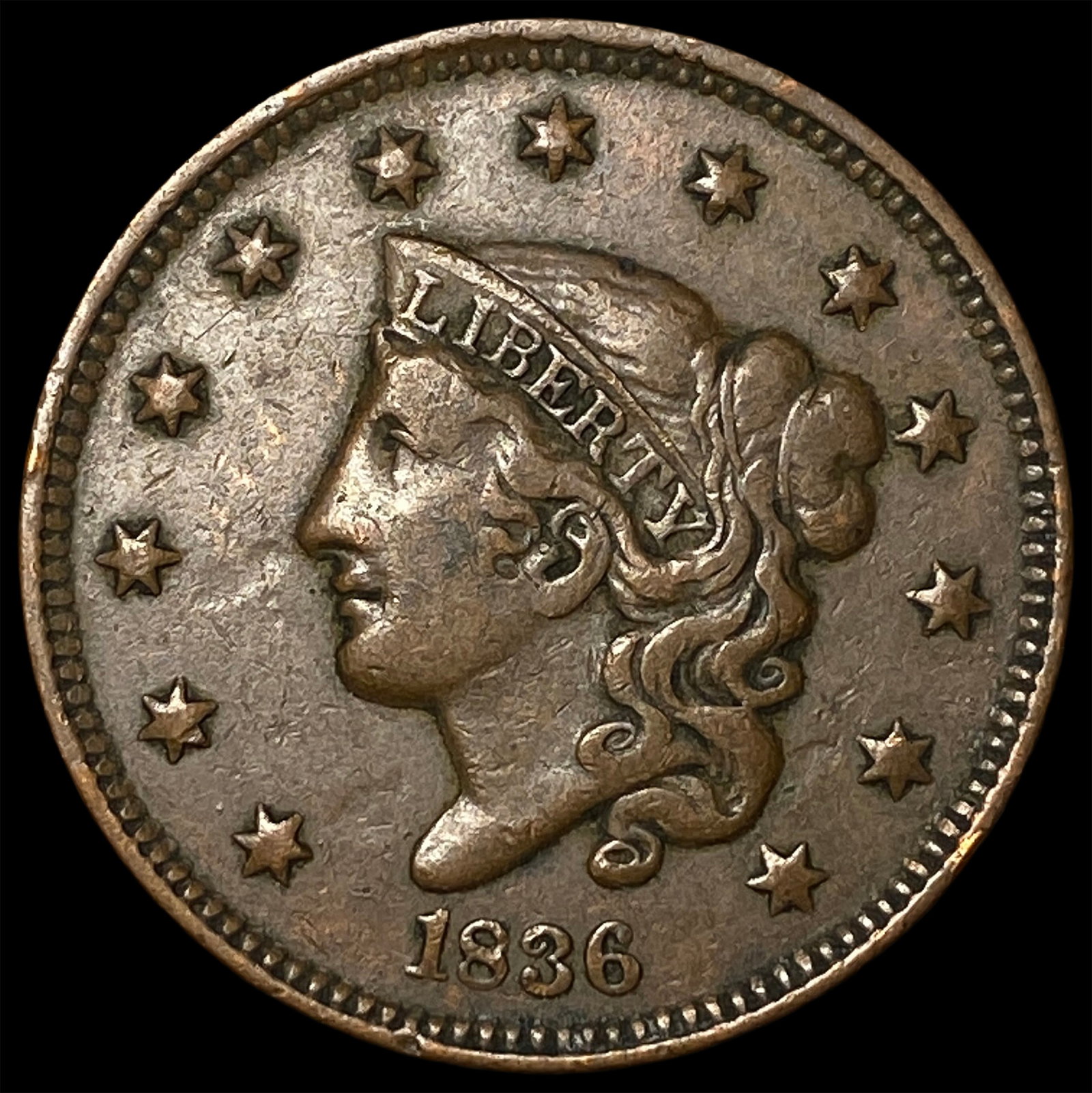 1836 Coronet Head Large Cent NEARLY UNCIRCULATED: 1836 Coronet Head Large Cent NEARLY UNCIRCULATED
