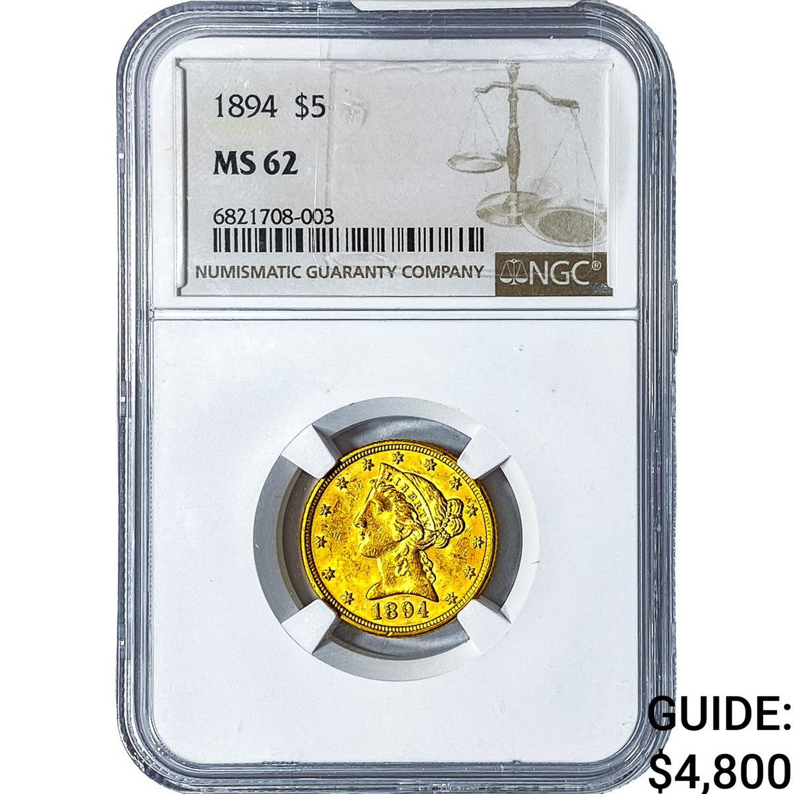 1894 $5 Gold Half Eagle NGC MS62: 1894 $5 Gold Half Eagle NGC MS62