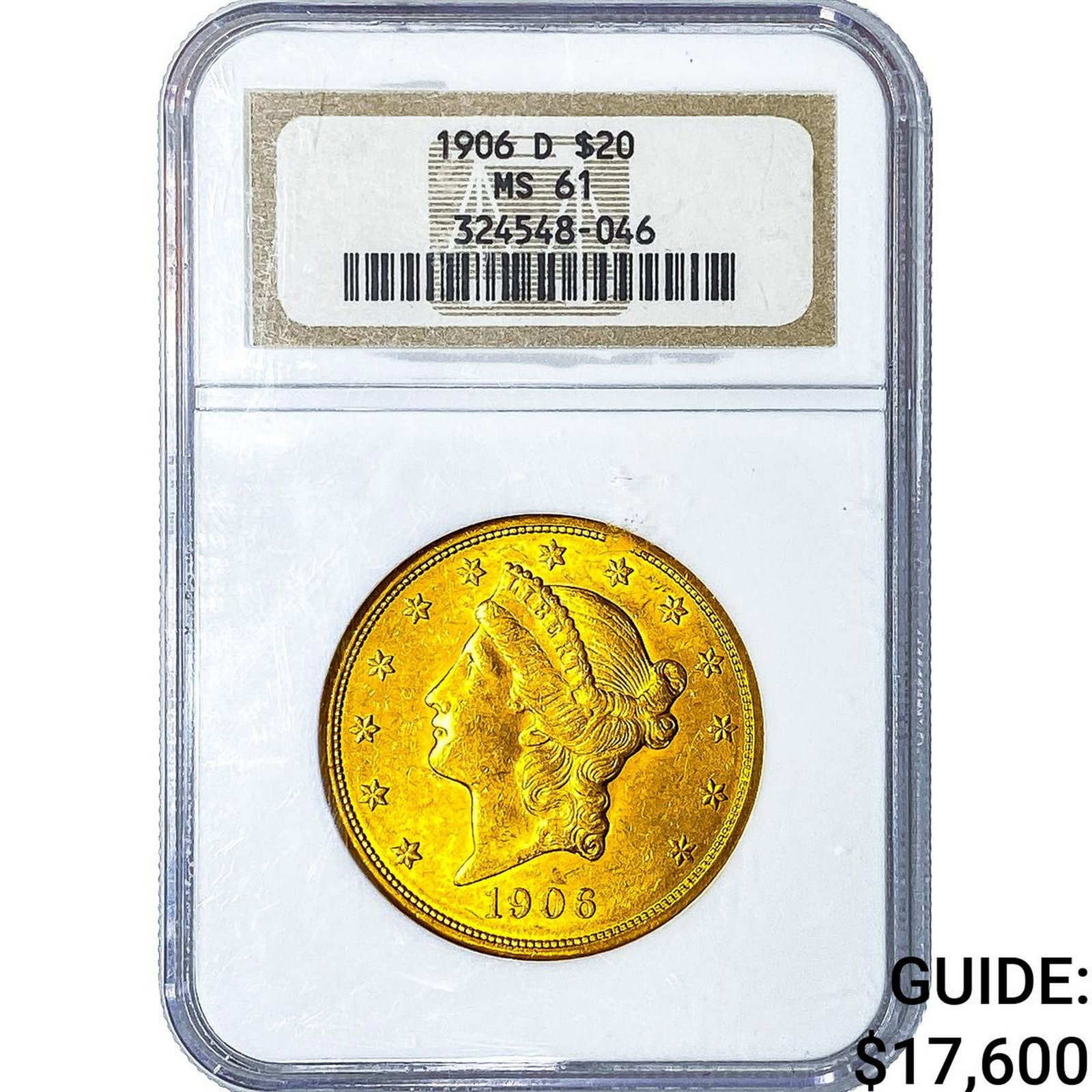 1906-D $20 Gold Double Eagle NGC MS61: 1906-D $20 Gold Double Eagle NGC MS61