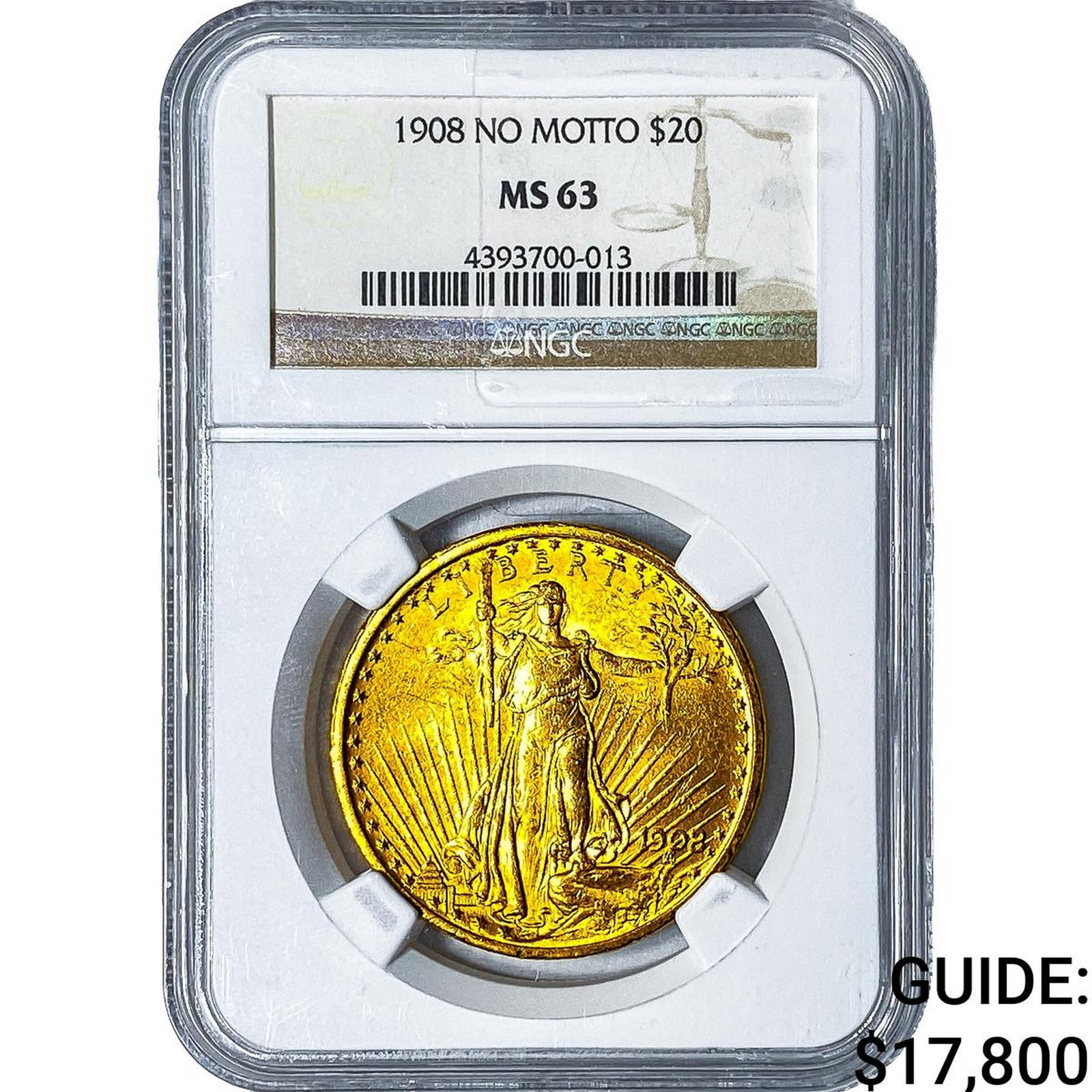 1908 $20 Gold Double Eagle NGC MS63 No Motto: 1908 $20 Gold Double Eagle NGC MS63 No Motto