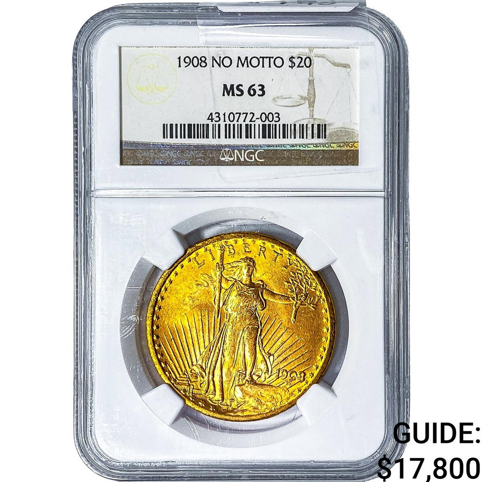 1908 $20 Gold Double Eagle NGC MS63 No Motto: 1908 $20 Gold Double Eagle NGC MS63 No Motto