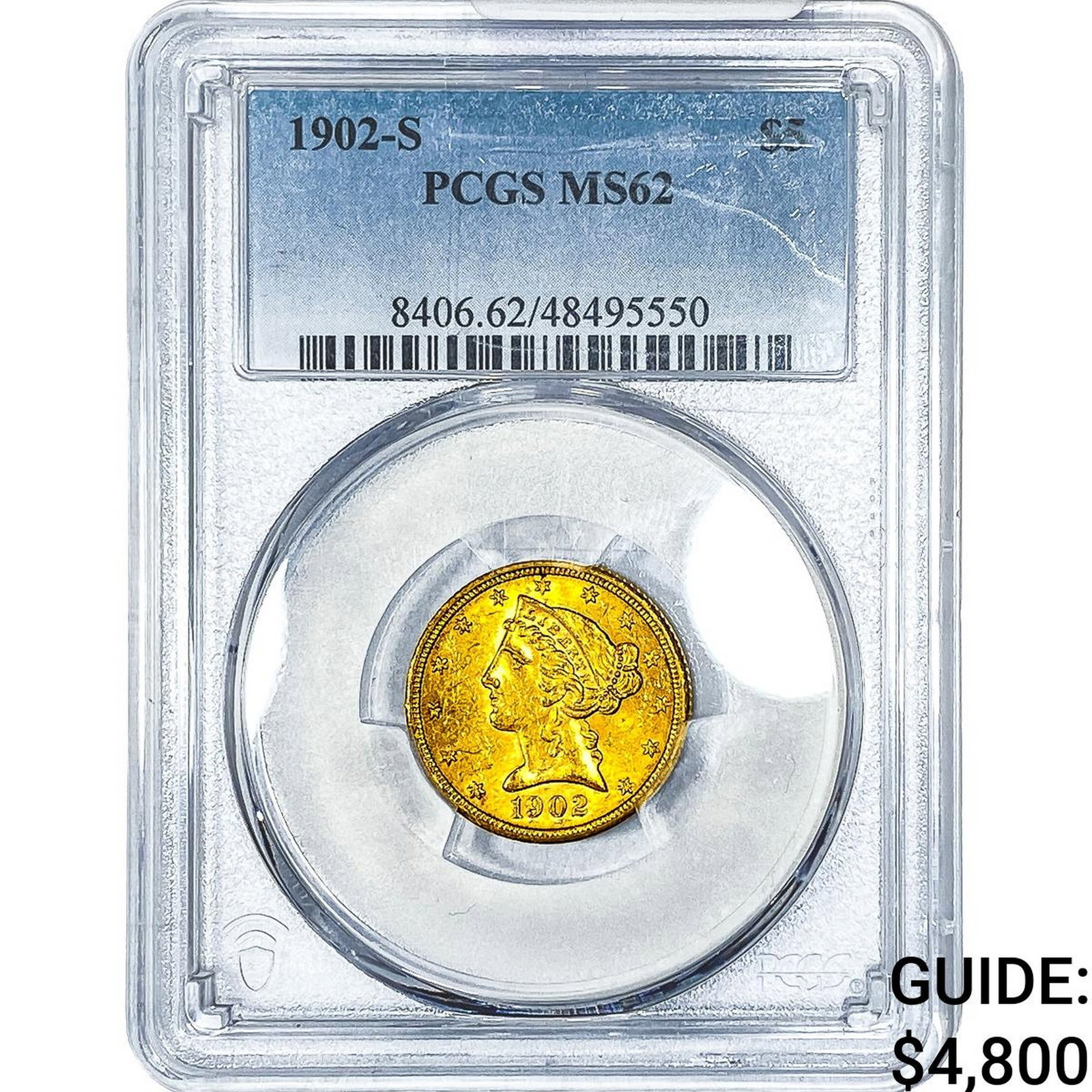 1902-S $5 Gold Half Eagle PCGS MS62: 1902-S $5 Gold Half Eagle PCGS MS62