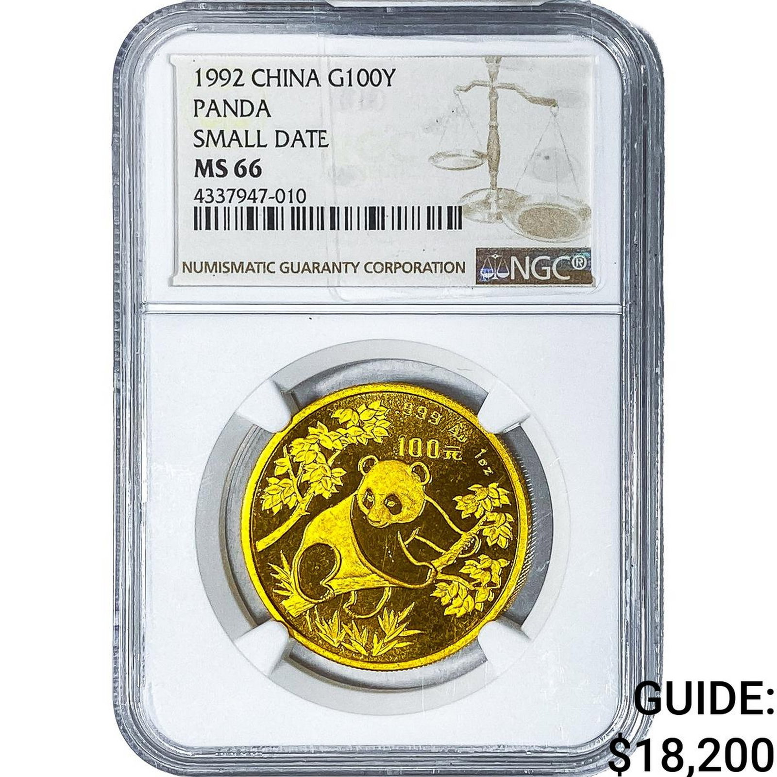1992 China 1oz Gold 100 Yuan Panda NGC MS66 Sm. Dt: 1992 China 1oz Gold 100 Yuan Panda NGC MS66 Sm. Dt
