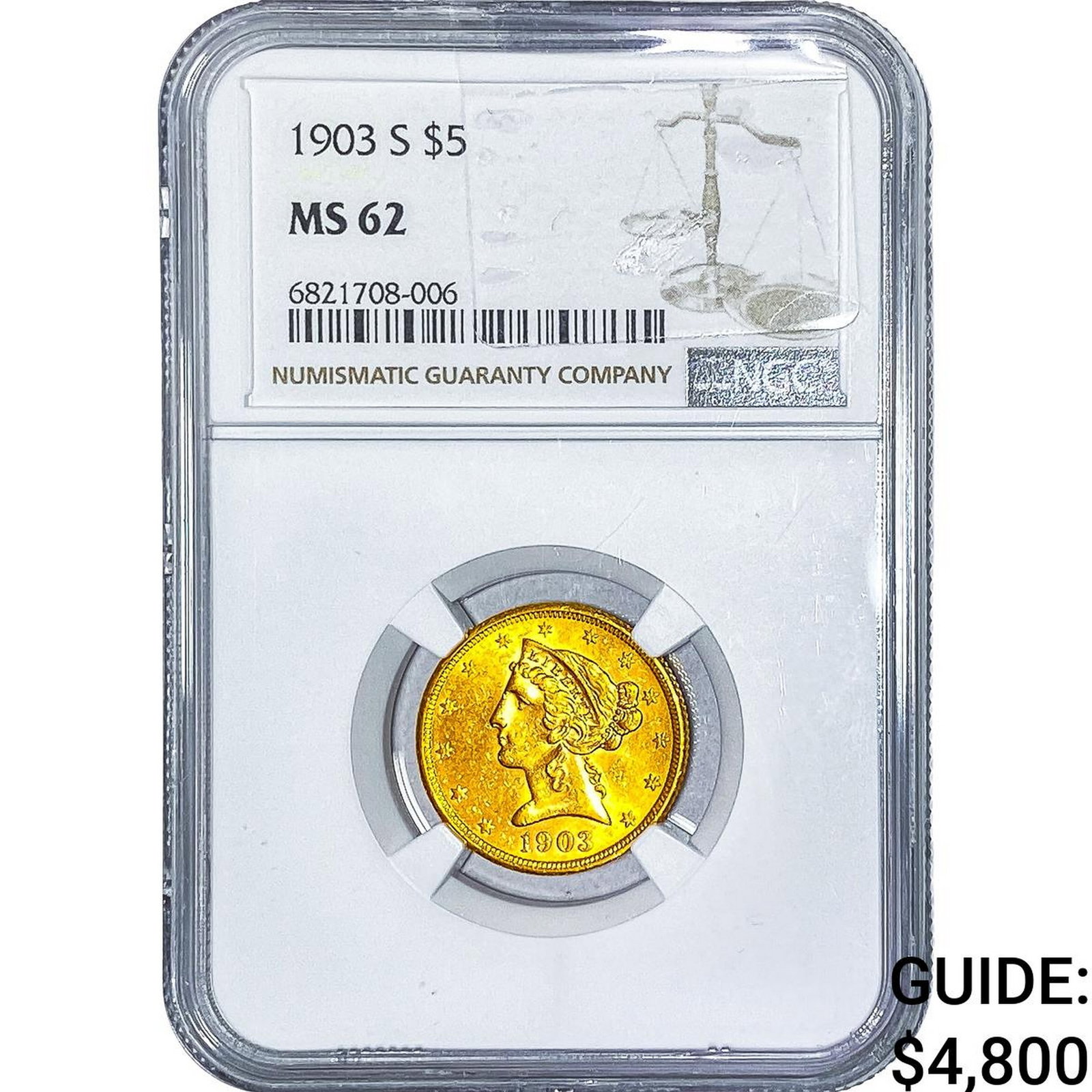 1903-S $5 Gold Half Eagle NGC MS62: 1903-S $5 Gold Half Eagle NGC MS62