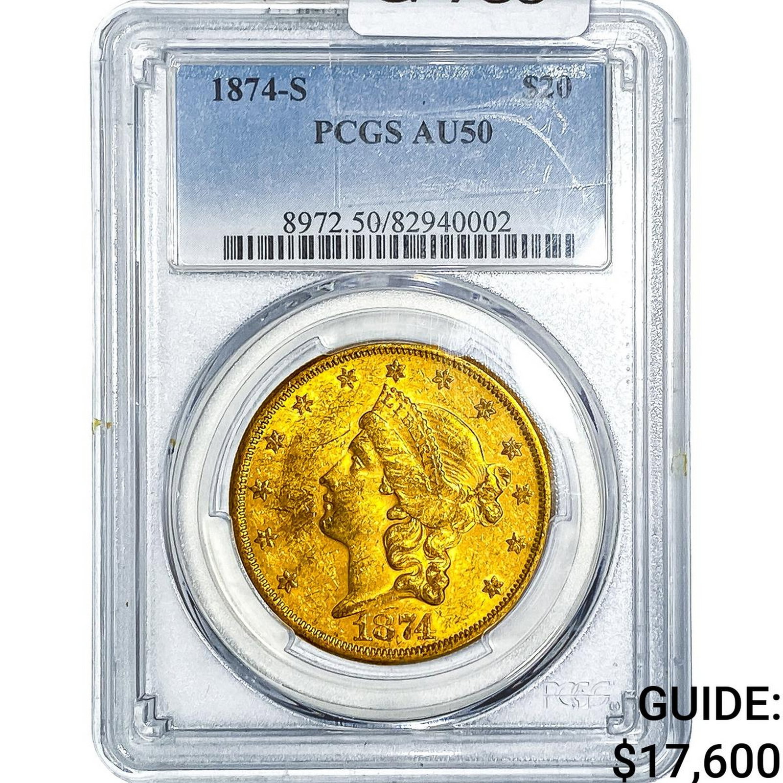 1874-S $20 Gold Double Eagle PCGS AU50: 1874-S $20 Gold Double Eagle PCGS AU50