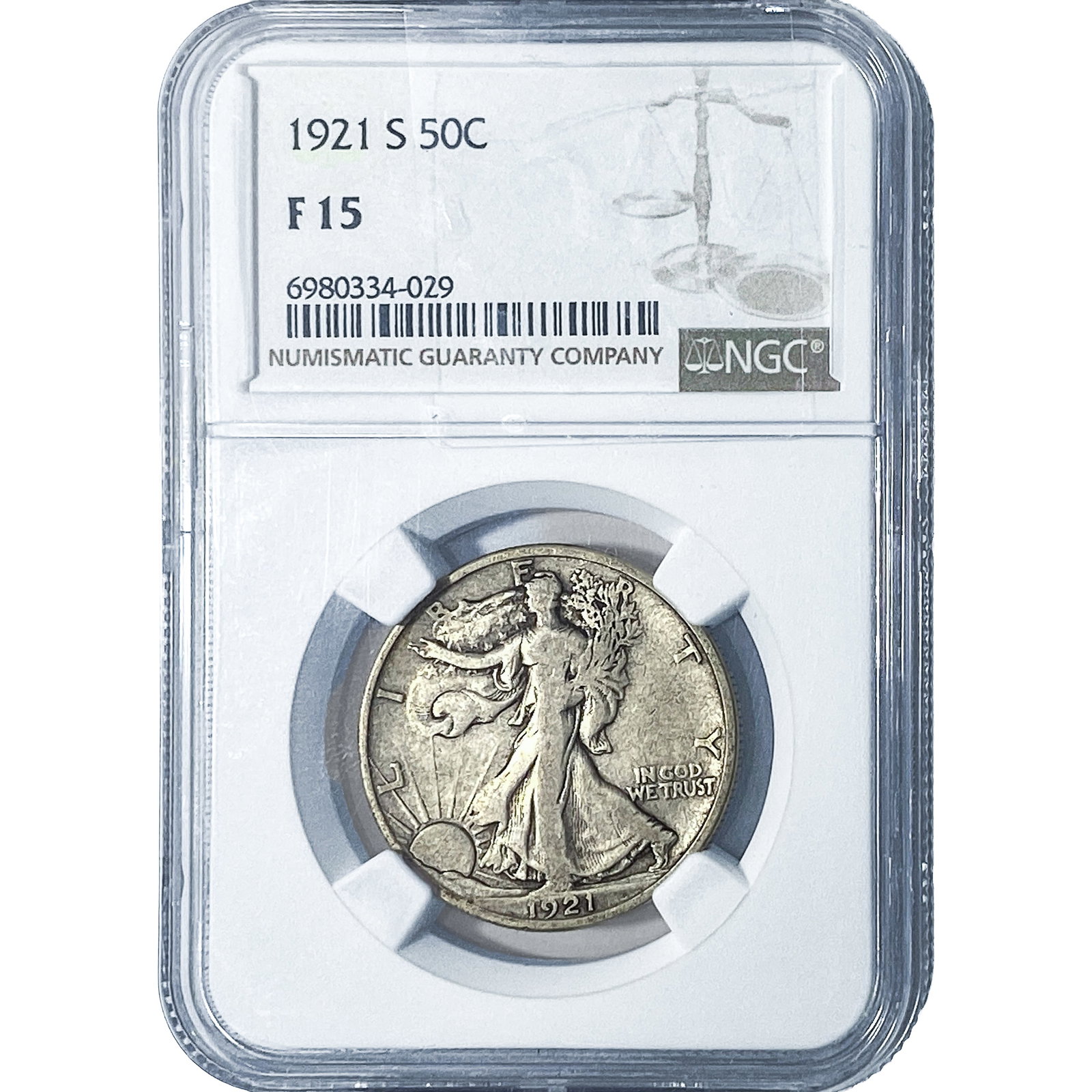 1921-S Walking Liberty Half Dollar NGC F15: 1921-S Walking Liberty Half Dollar NGC F15