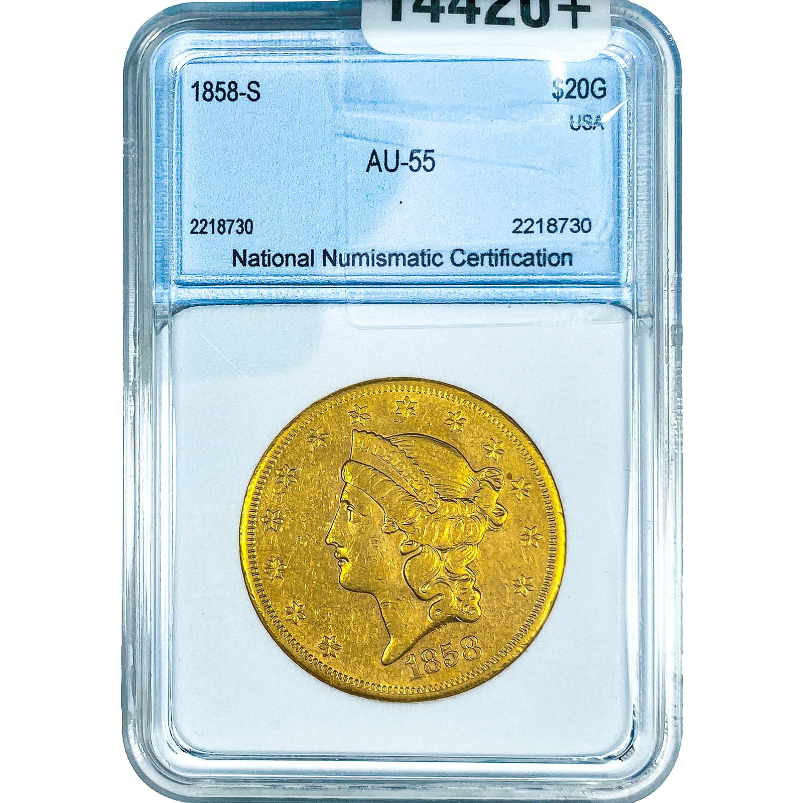 1858-S $20 Gold Double Eagle NNC AU55: 1858-S $20 Gold Double Eagle NNC AU55