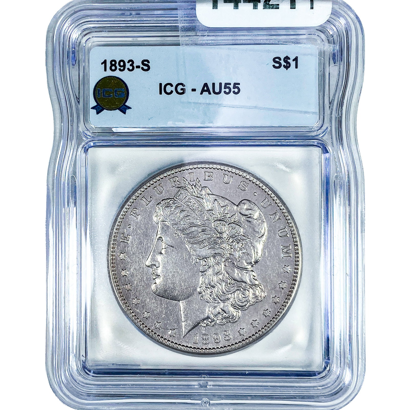 1893-S Morgan Silver Dollar ICG AU55: 1893-S Morgan Silver Dollar ICG AU55