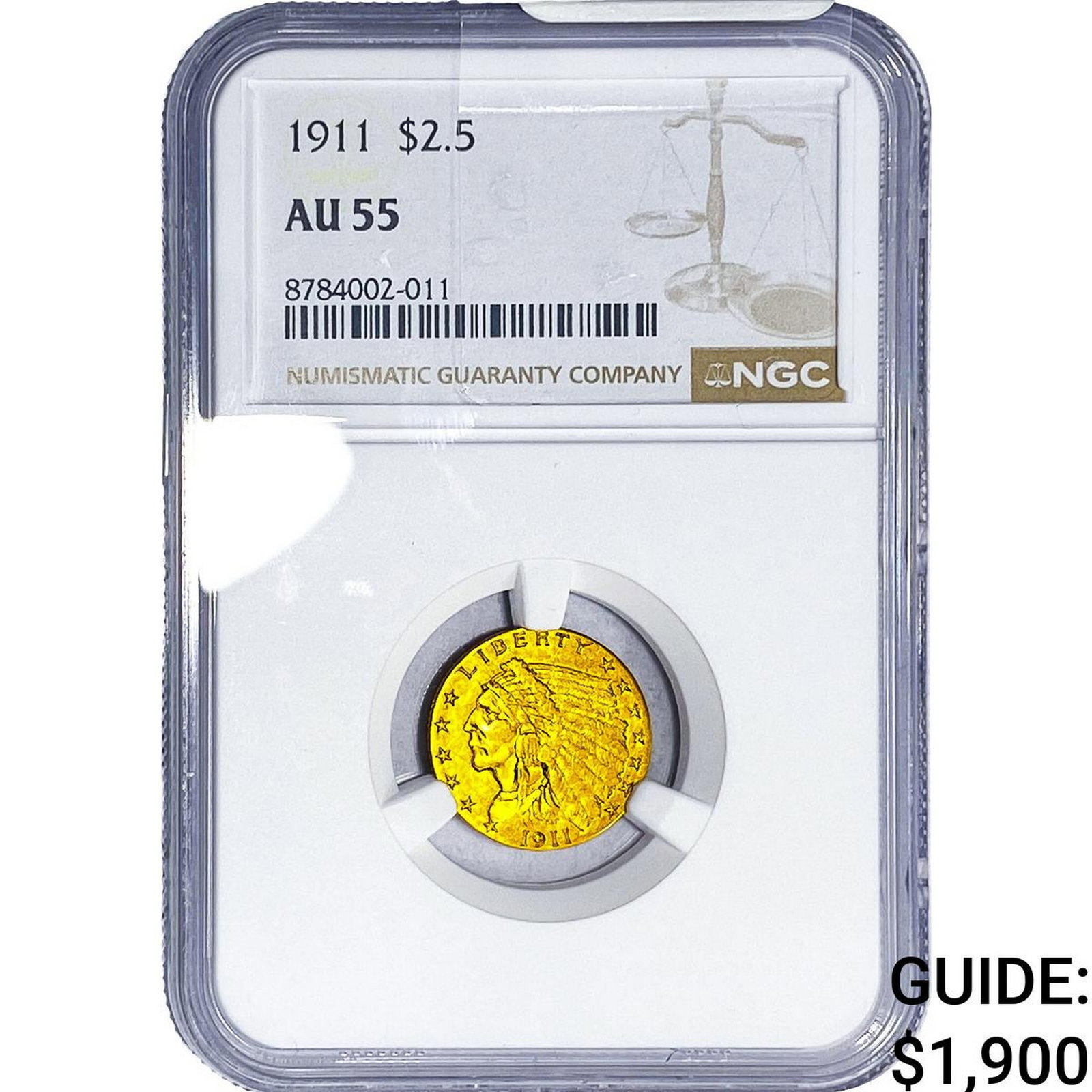 1911 $2.50 Gold Quarter Eagle NGC AU55: 1911 $2.50 Gold Quarter Eagle NGC AU55