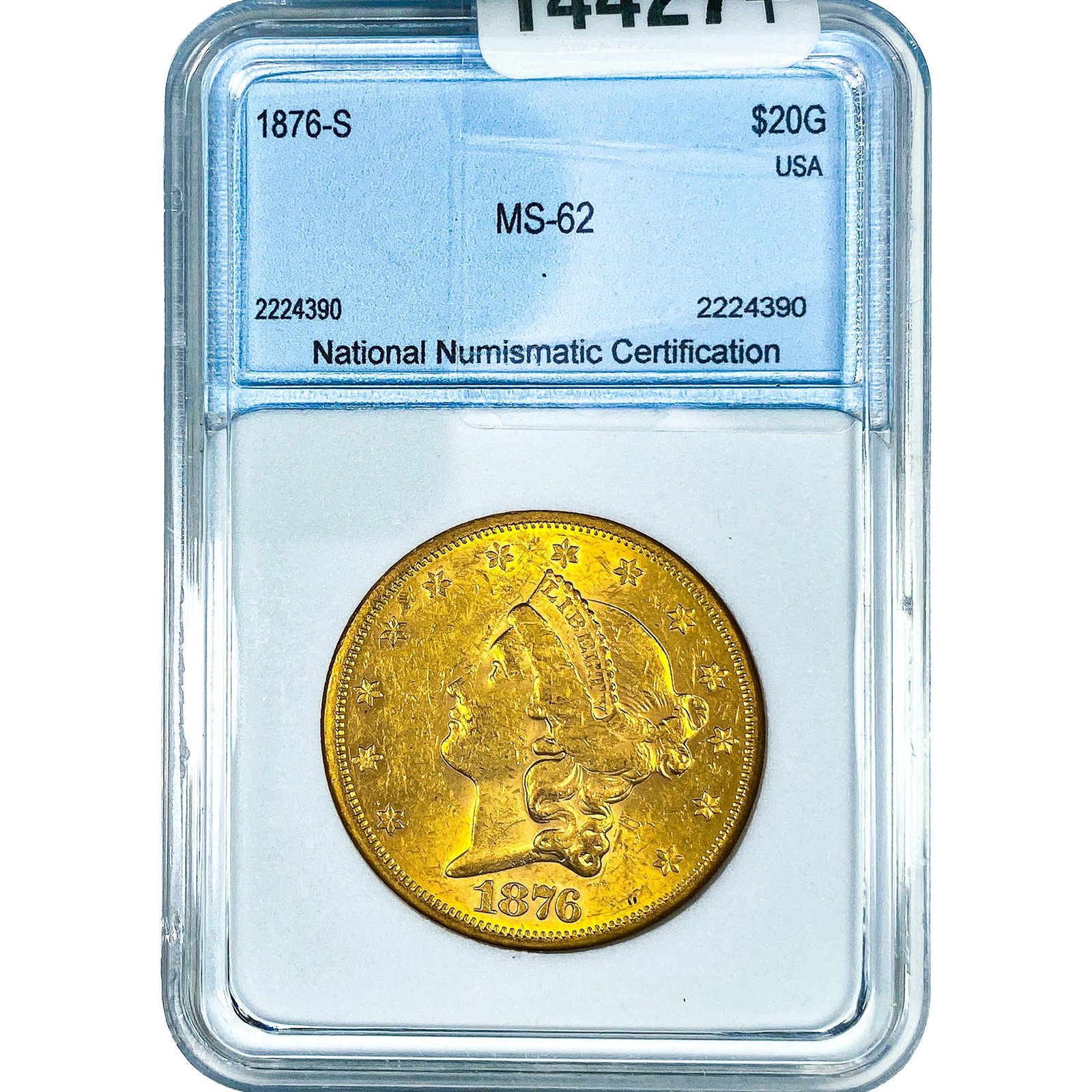 1876-S $20 Gold Double Eagle NNC MS62: 1876-S $20 Gold Double Eagle NNC MS62