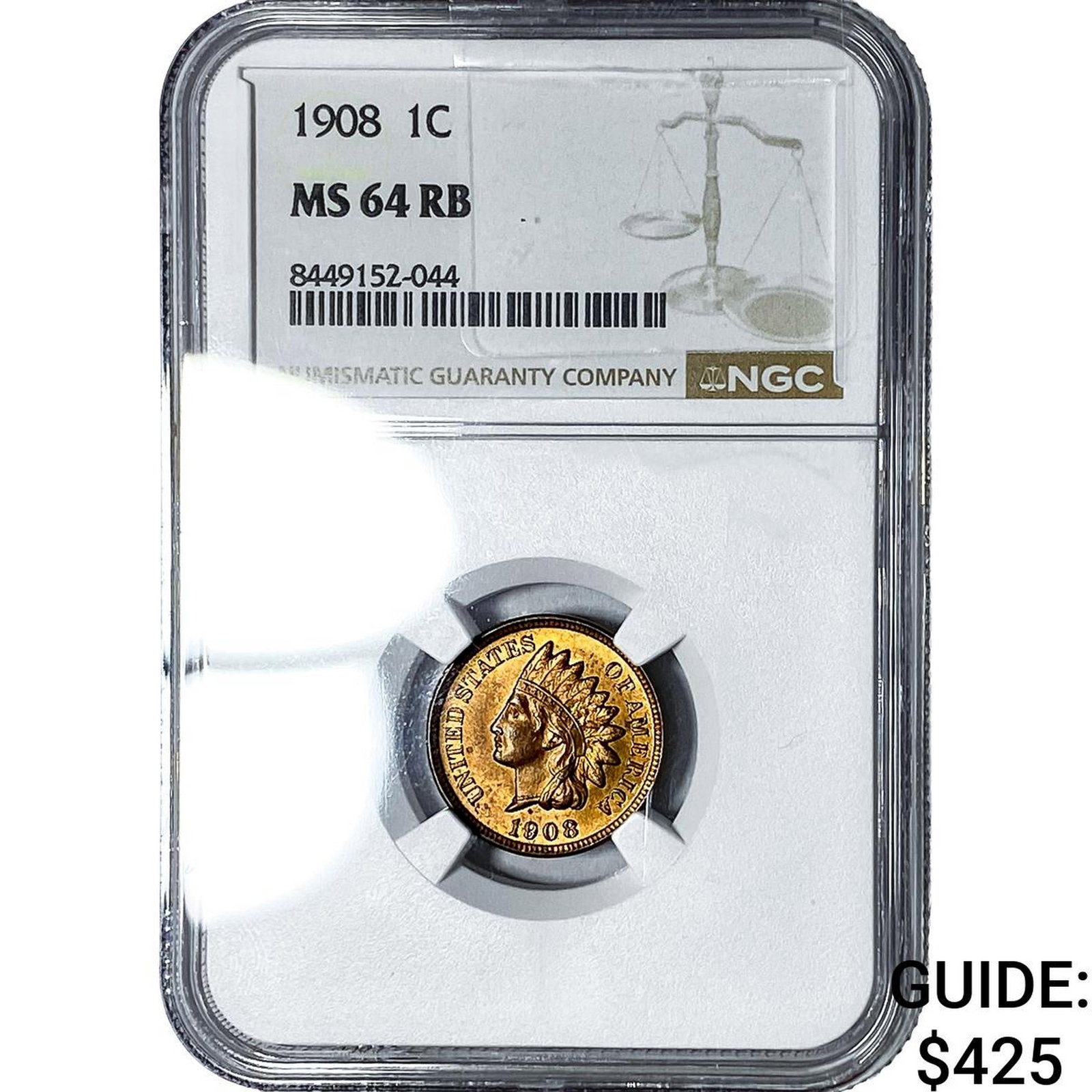 1908 Indian Head Cent NGC MS64 RB: 1908 Indian Head Cent NGC MS64 RB