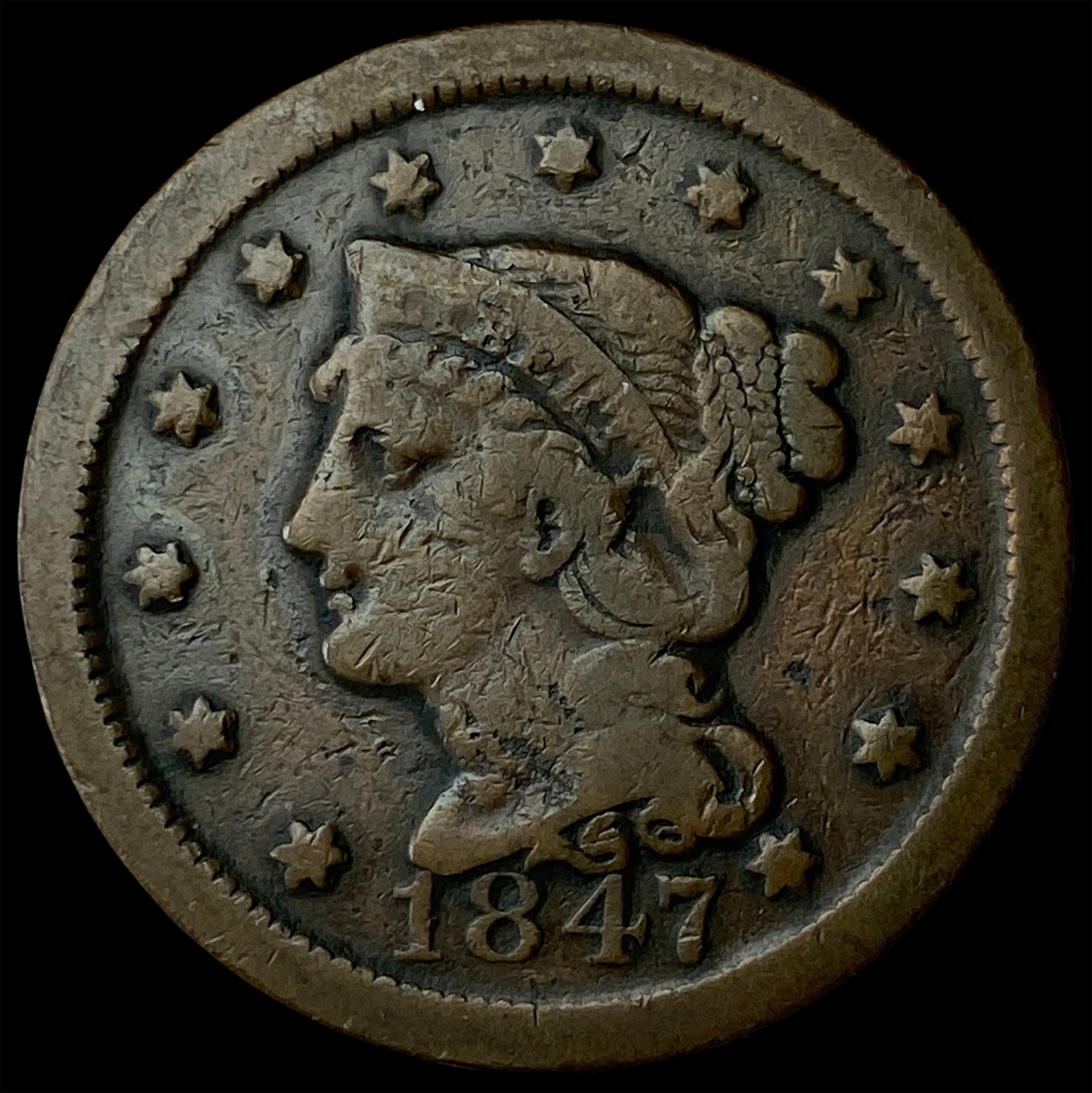 1847 Braided Hair Large Cent NEARLY UNCIRCULATED: 1847 Braided Hair Large Cent NEARLY UNCIRCULATED
