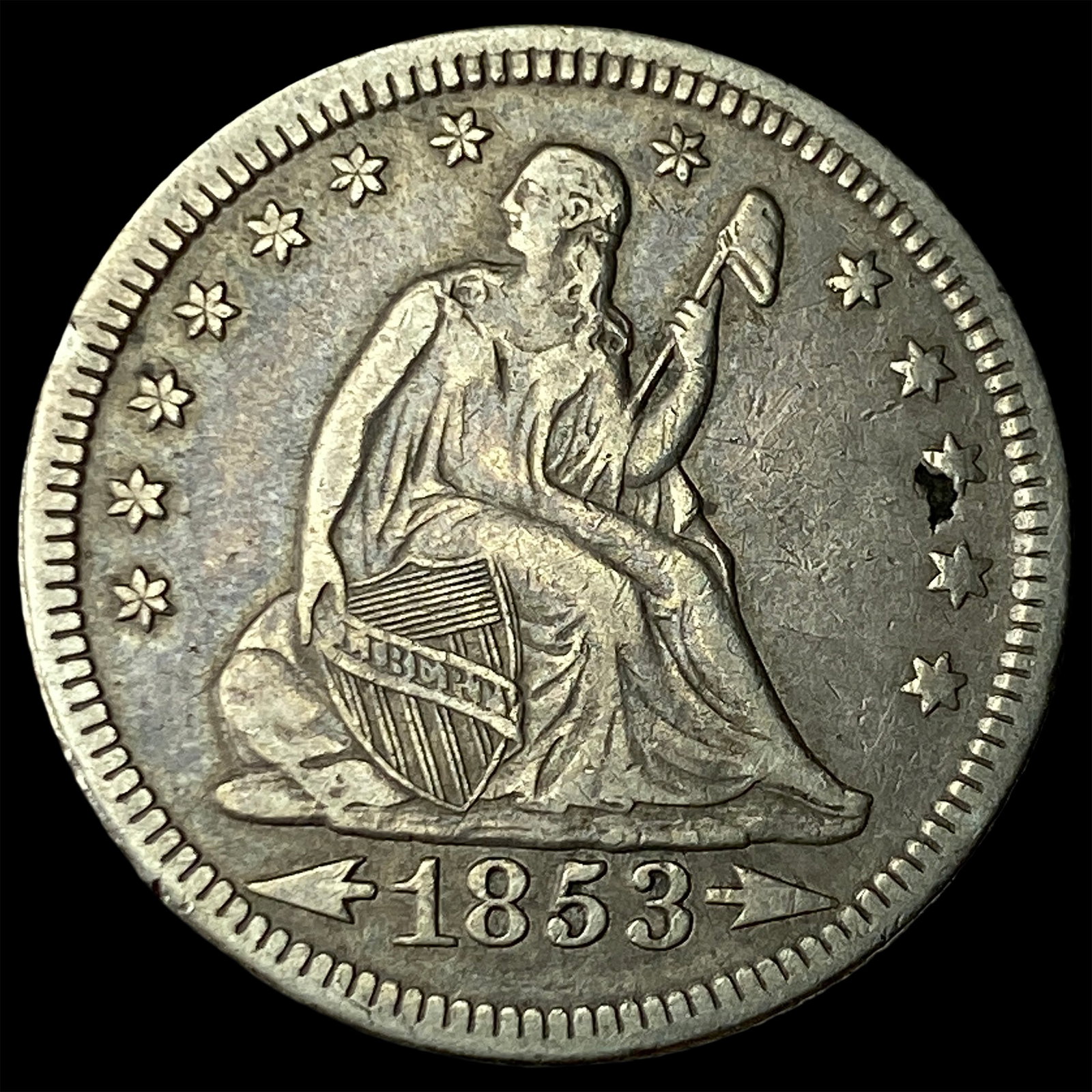 1853 Arrows & Rays Silver Seated Liberty Quarter CLOSELY UNCIRCULATED: 1853 Arrows & Rays Silver Seated Liberty Quarter CLOSELY UNCIRCULATED