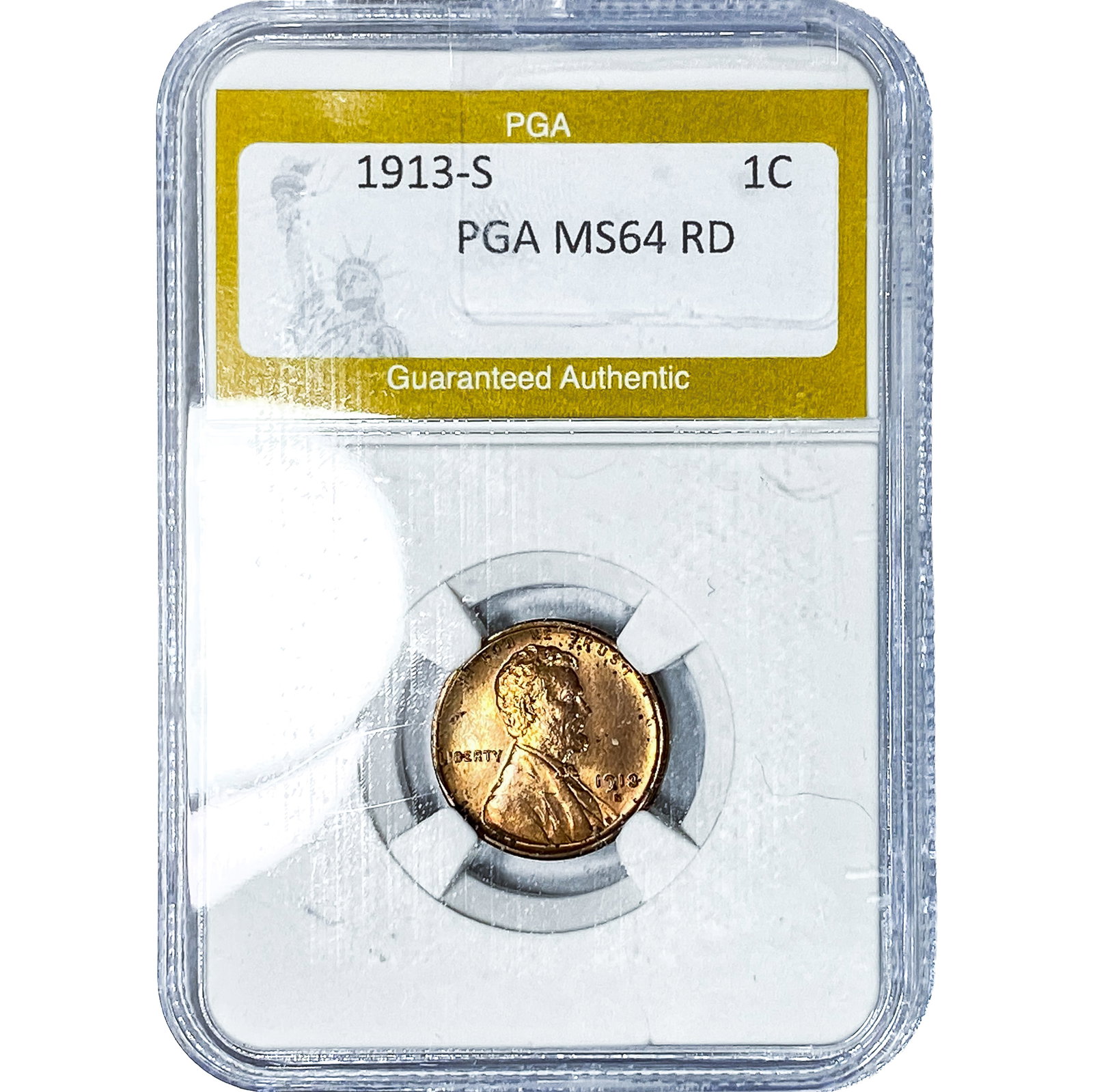 1913-S Wheat Cent PGA MS64RD: 1913-S Wheat Cent PGA MS64RD