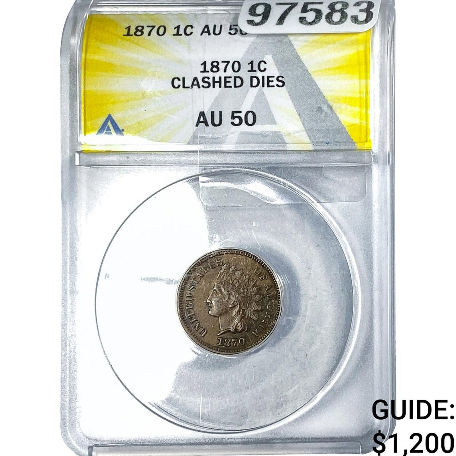 1870 Indian Head Cent ANACS AU50 Clashed Dies: 1870 Indian Head Cent ANACS AU50 Clashed Dies