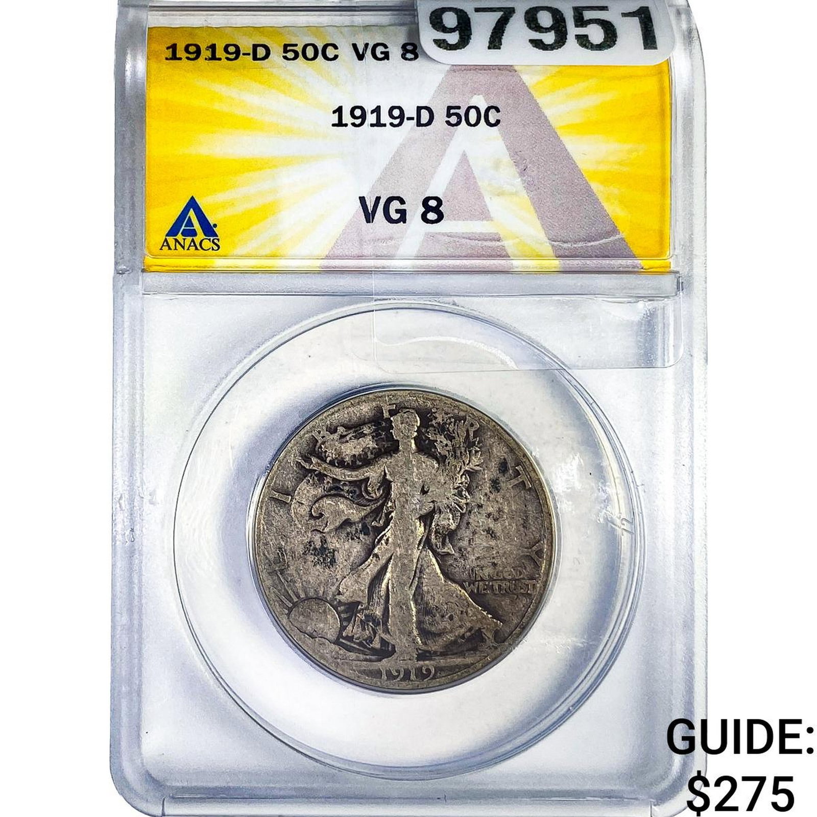1919-D Walking Liberty Half Dollar ANACS VG8: 1919-D Walking Liberty Half Dollar ANACS VG8